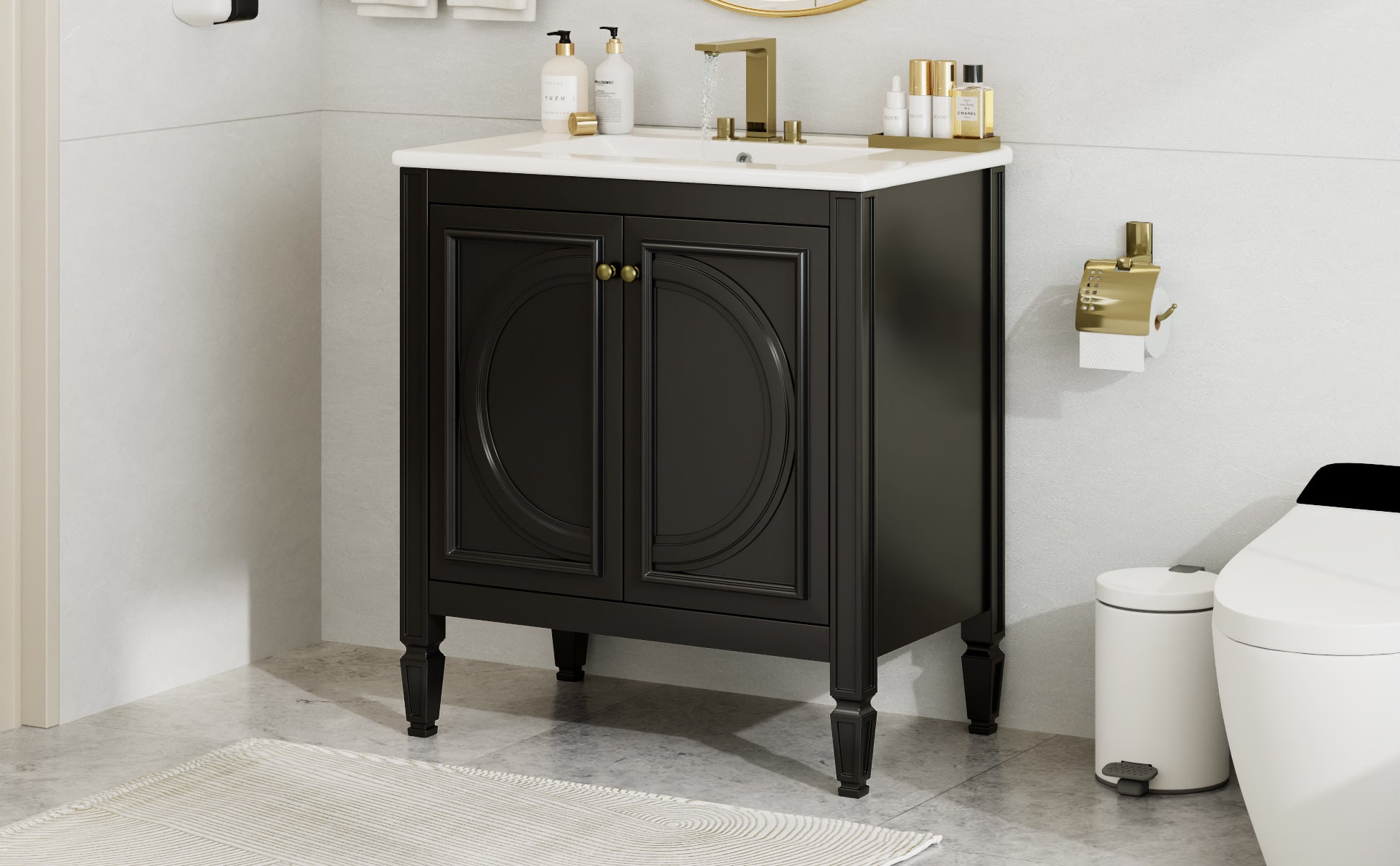 30" Bathroom Vanity With Sink, Two Doors With Shelf, Soft Close Door Hinges, Vintage Style, Black Black Ceramic Mdf,Rubber Wood