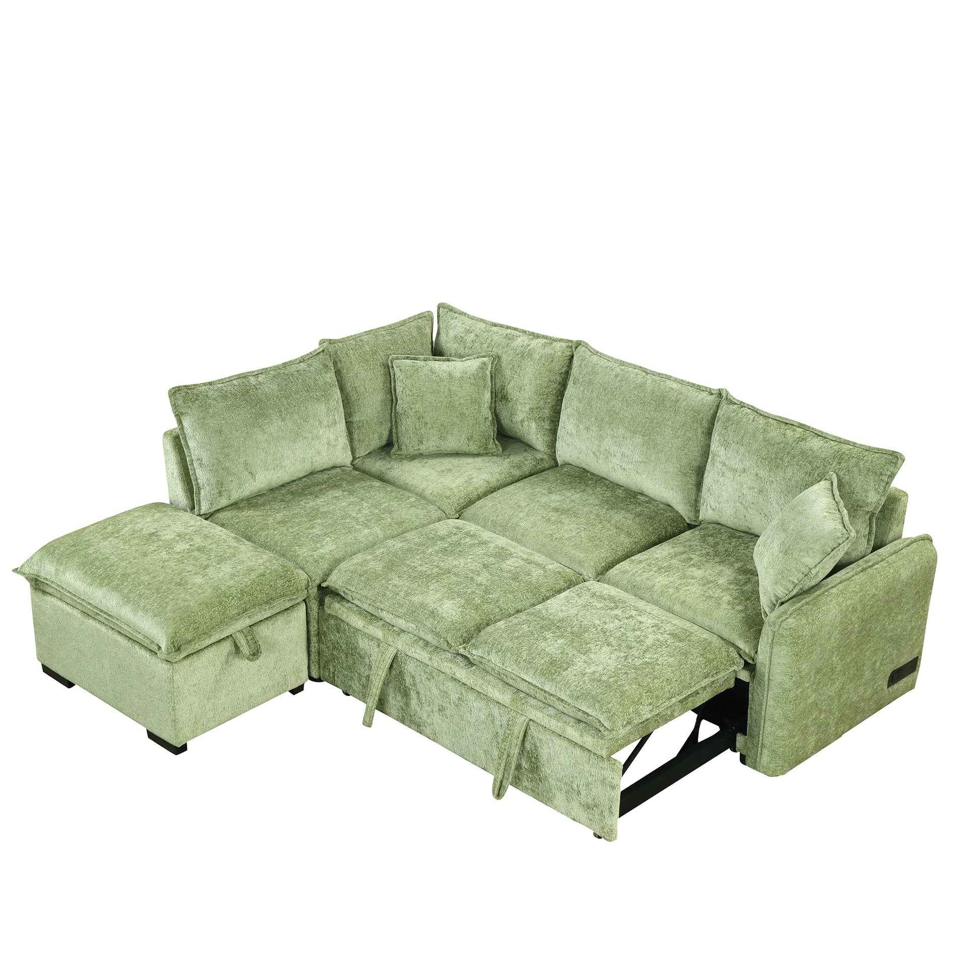 82.67"Convertible Sofa Bed Sectional Sofa Sleeper L Shaped Sofa With A Storage Ottoman,Two Pillows, Two Power Sockets And Two Usb Ports For Living Room, Green Green Foam Chenille 4 Seat