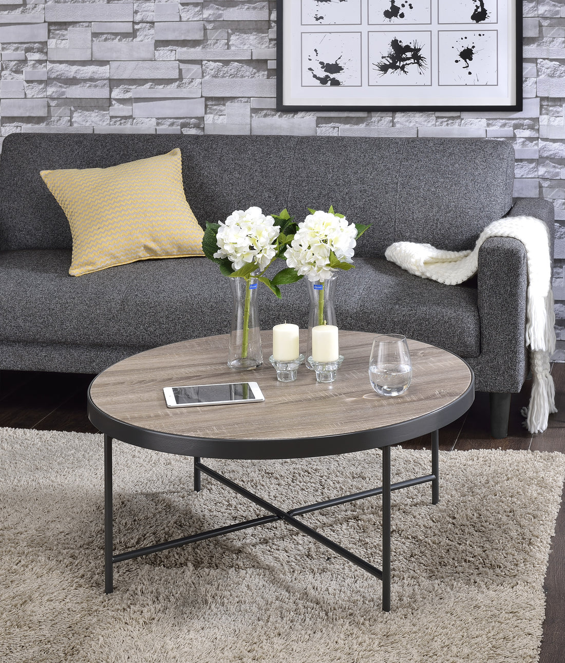 Bage Weathered Gray Oak & Metal Finish Coffee Table Oak Metal,Synthetic Wood