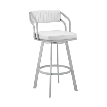 Lyla 26 Inch Counter Height Stool, Swivel, Faux Leather, White, Silver White Metal