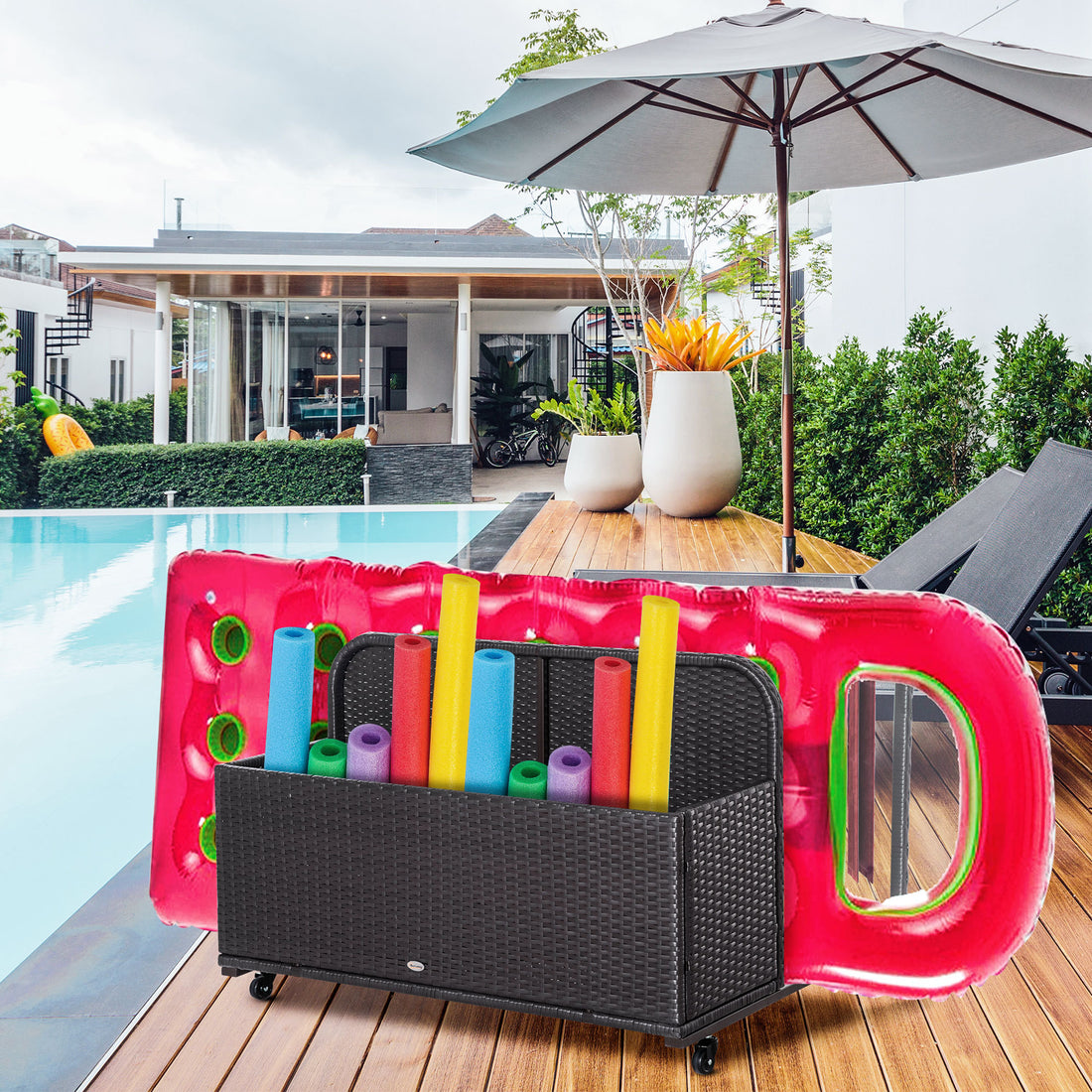Outsunny Wicker Patio Poolside Float Storage Basket, Pe Rattan Outdoor Pool Caddy With Rolling Wheels For Floaties, Noodles, Life Vests, Beach Balls, Toys, Brown Brown Steel