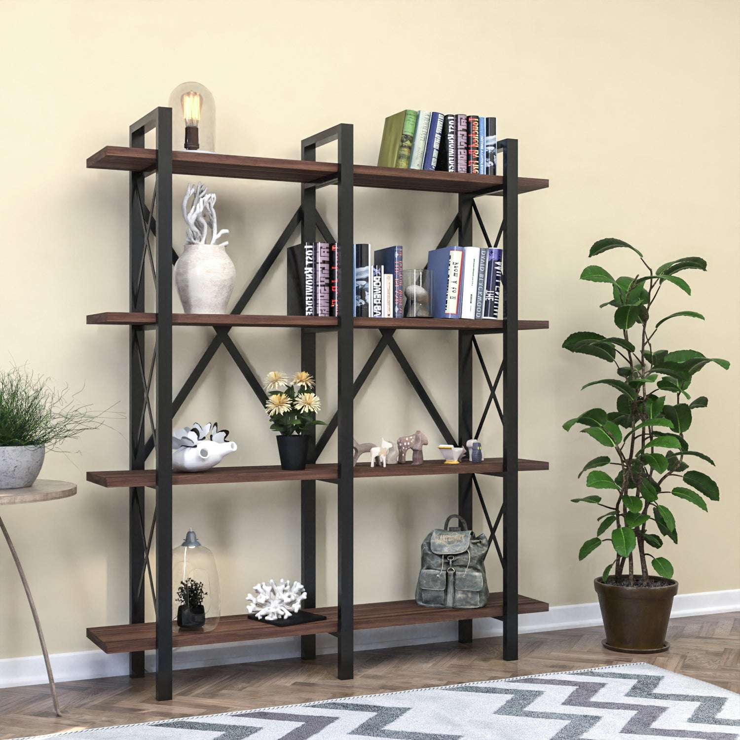 Cunda 5 Tier Bookcase, Metal Frame Wood Base Bookshelf, Walnut 5 Walnut Brown Standard Vertical Open Back Metal Contemporary Stackable Wood