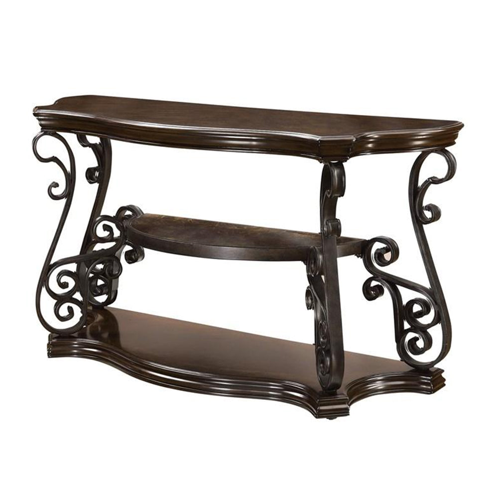 Traditional Solid Sofa Table With Glass Inset, Metal Scrolls & 2 Shelves, Brown Brown Wood Metal