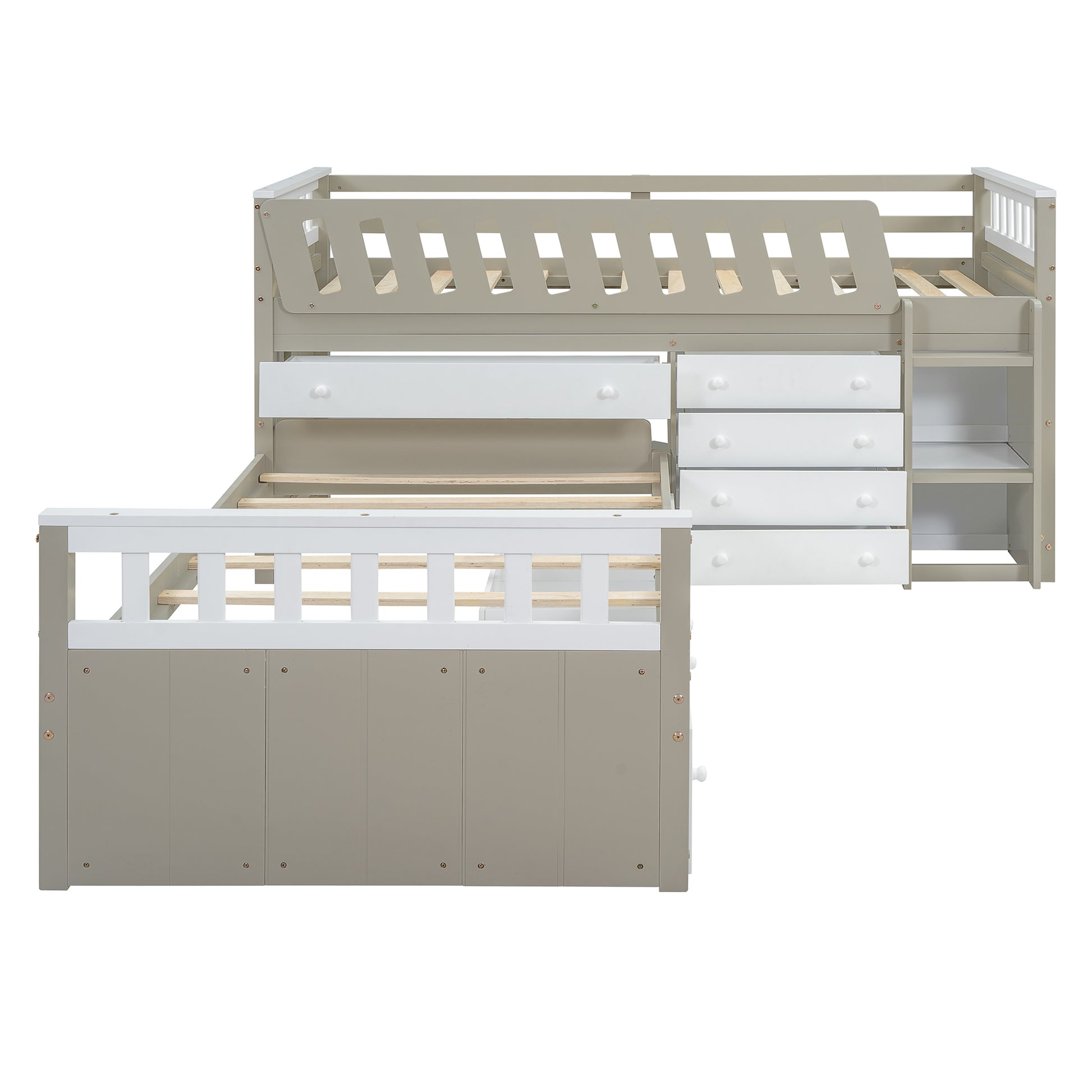 L Shaped Space Saving Twin Loft And Twin Platform Bed With 7 Drawers And Full Guardrails White Light Brown Twin Brown White Solid Wood