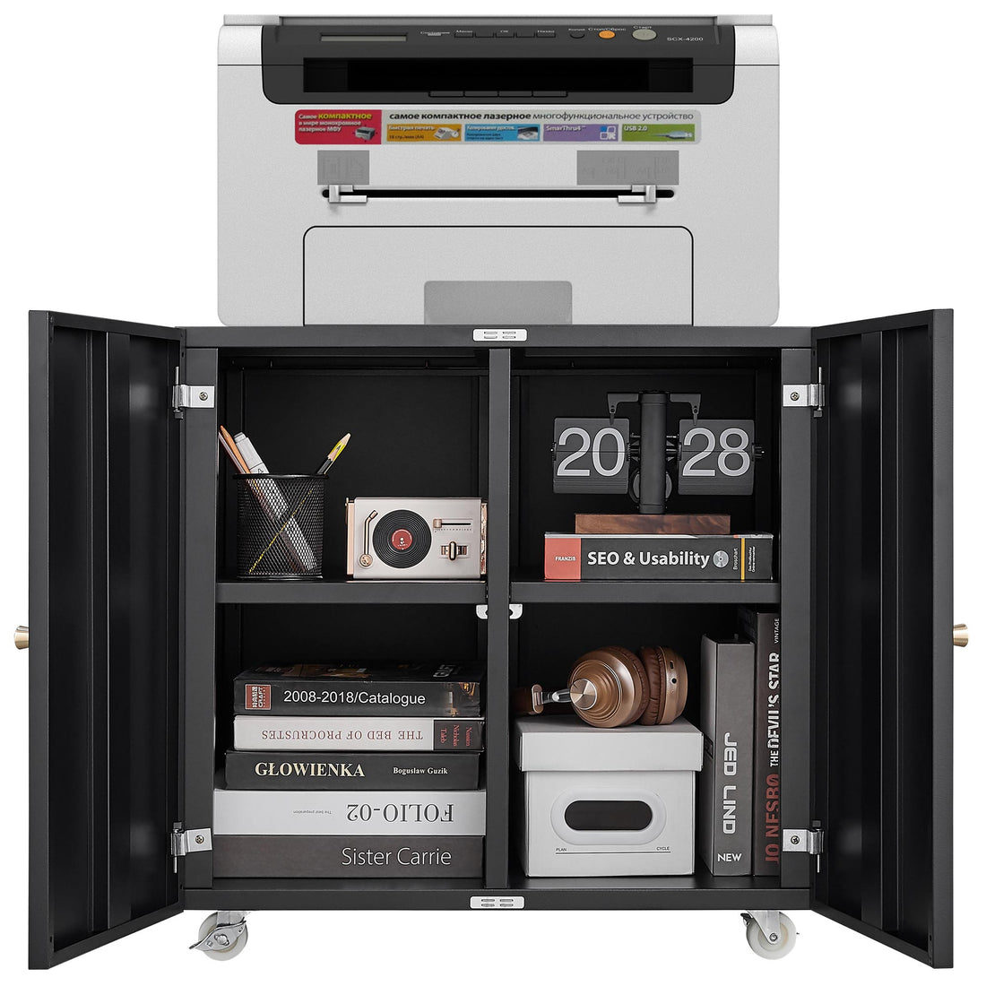 Home Office Printer Stand With Wheels, Printer Tables With File Door Mobile Lateral Filing Cabinet With Open Storage Shelf For Letter Legal A4 Size Files Mobile File Cabinets 1 2 Shelves Powder