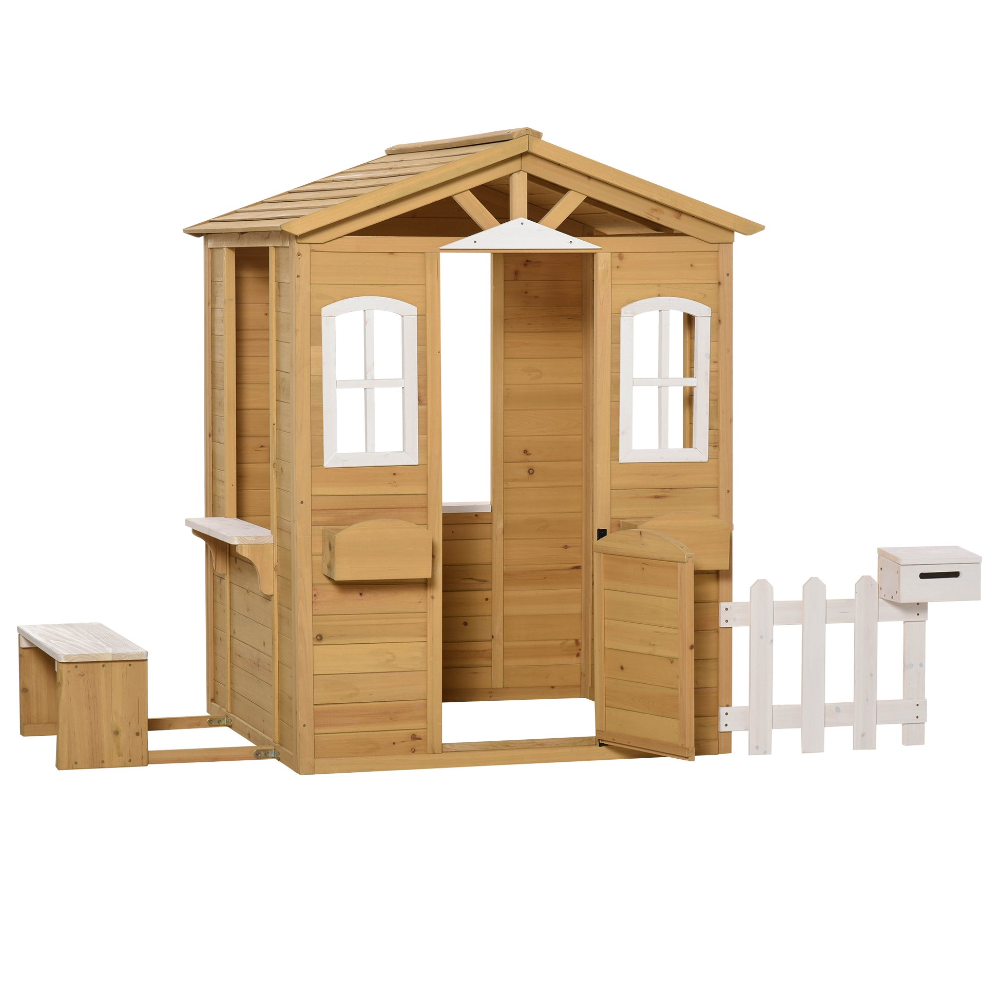 Outsunny Outdoor Playhouse For Kids Wooden Cottage With Working Doors Windows & Mailbox, Pretend Play House For Age 3 6 Years Natural White Wood