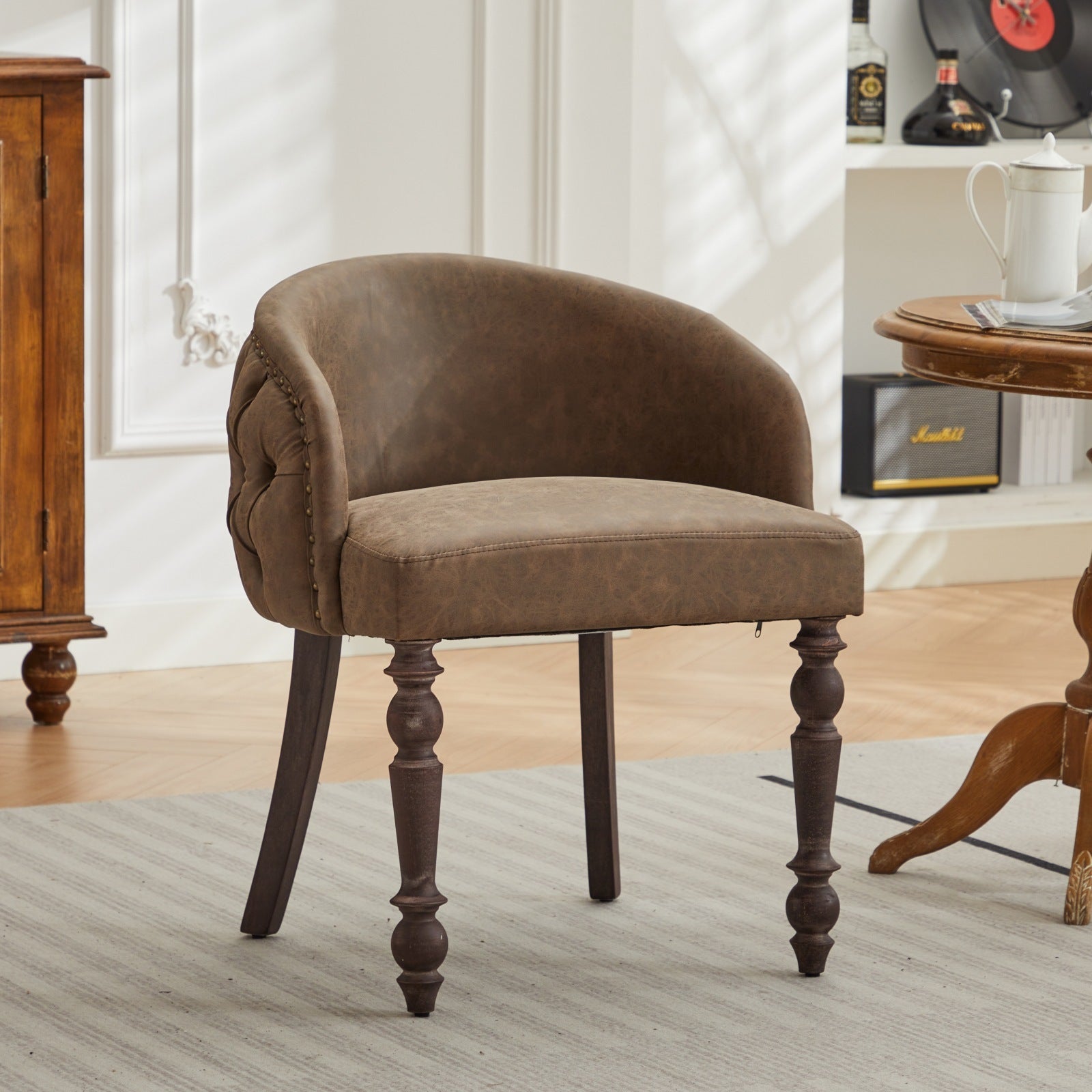 Hand Pulled Buckle Decoration Pu Dining Chair,Accent Leisure Chair, Mid Century Modern Arm Chair With Solid Wood Armrests And Legs, 1 Seat Cushioned Sofa For Living Room Bedroom,Brown Color,Sw1865Br Brown American Design Rubberwood Foam Pu