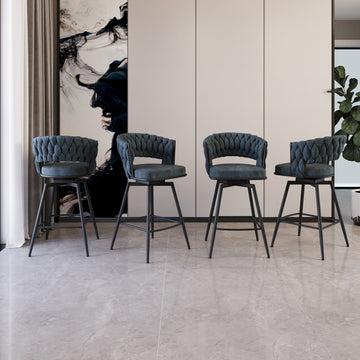 Bar Chair Suede Woven Bar Stool Set Of 4,Black Legs Barstools No Adjustable Kitchen Island Chairs,360 Swivel Bar Stools Upholstered Bar Chair Counter Stool Arm Chairs With Back Footrest, Blue Metal Blue Kitchen Dining Chairs Foam Technical Leather