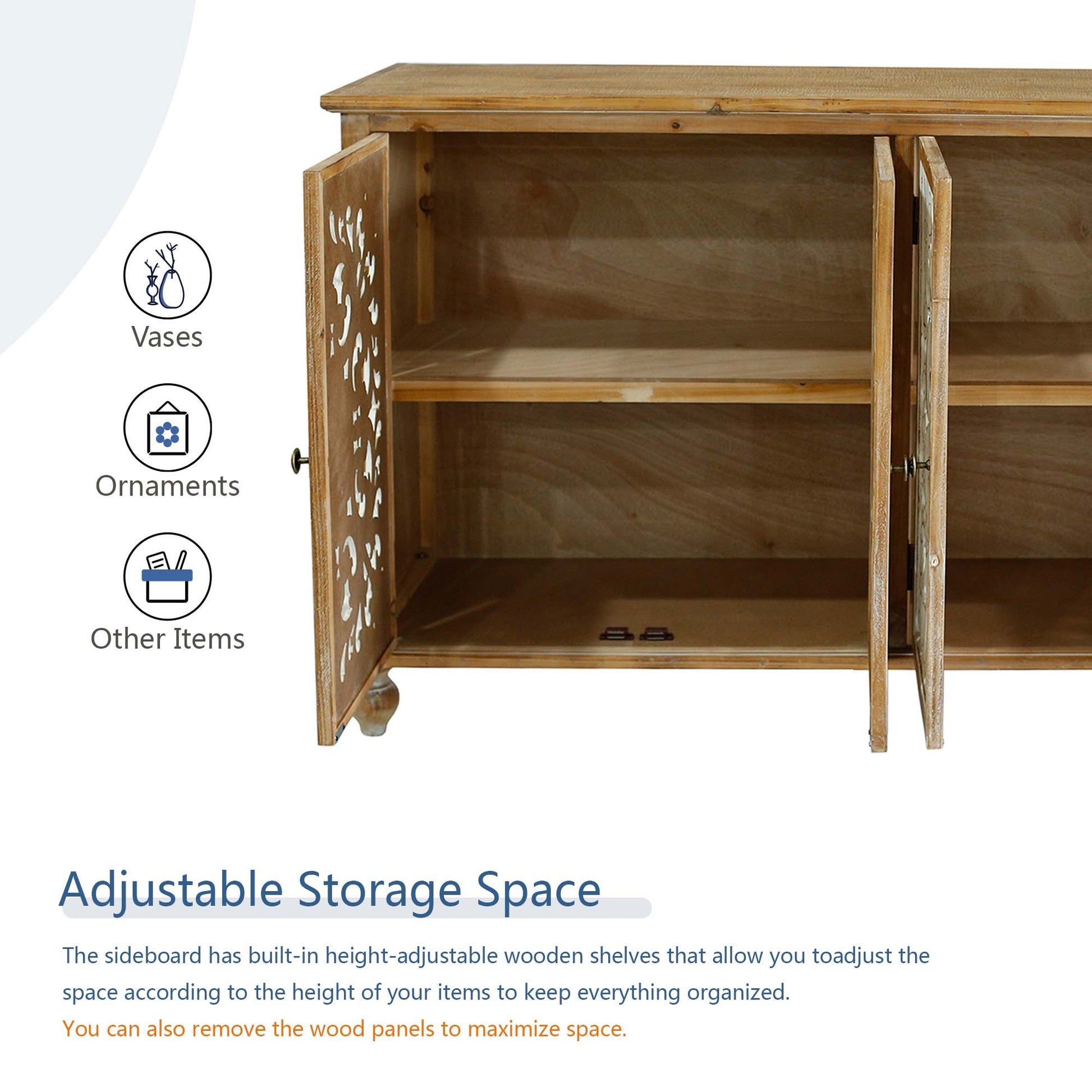 Accent Cabinet With 4 Doors, Farmhouse Sideboard Buffet Cabinet With Storage, Modern Credenza Storage Cabinet With Wood Carved Floral Doors For Living Room, Dining Room, Entryway, Hallway, Kitchen