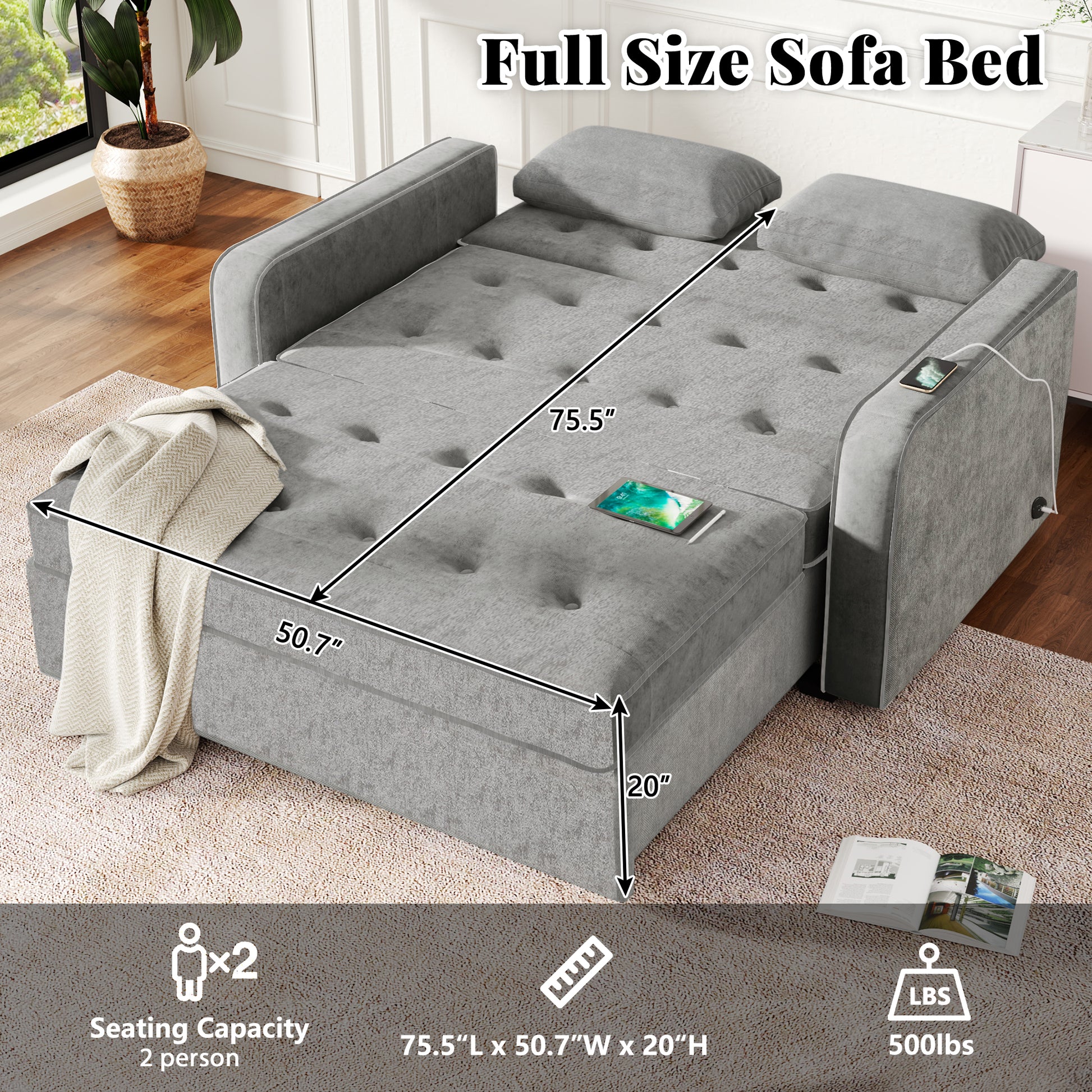 66.5" Linen Upholstered Sleeper Bedpull Out Sofa Bed Couch Attached Two Throw Pillows,Dual Usb Charging Port And Adjustable Backrest For Living Room Space, Gray Gray Foam Linen 2 Seat