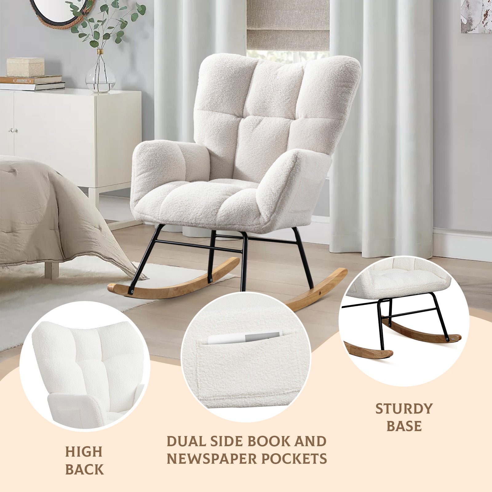 Teddy Fabric Rocking Chair, Upholstered Rocker Armchair With High Backrest, Modern Rocking Accent Chair For Nursery, Living Room, Bedroom, White Metal White Light Brown Bedroom Foam Wipe Clean Modern Rocking Chairs Rubberwood Tufted Back Foam Fabric