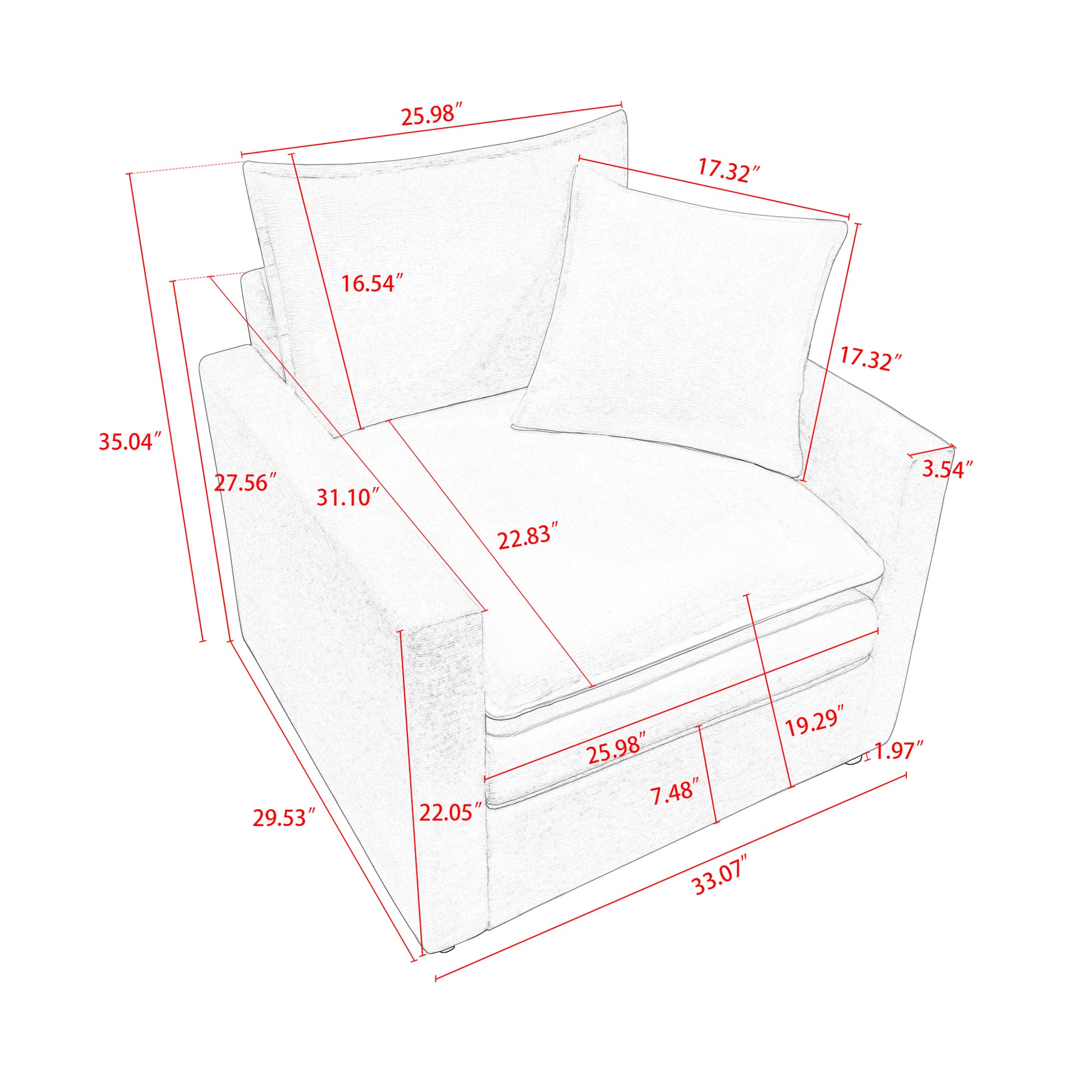 Chenille Fabric Comfy Deep Single Seat Sofa Upholstered Reading Armchair Living Room White Foam Chenille 1 Seat