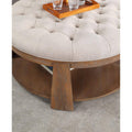 Wire Brushed Finish Natural Tone Beige 1Pc Ottoman Transitional Style Deep Button Linen Like Tufted Seat Open Bottom Shelf Living Room Beige Natural Linen Primary Living Space Beige Contemporary,Rustic,Transitional Rubberwood Round Tufted Solid Wood