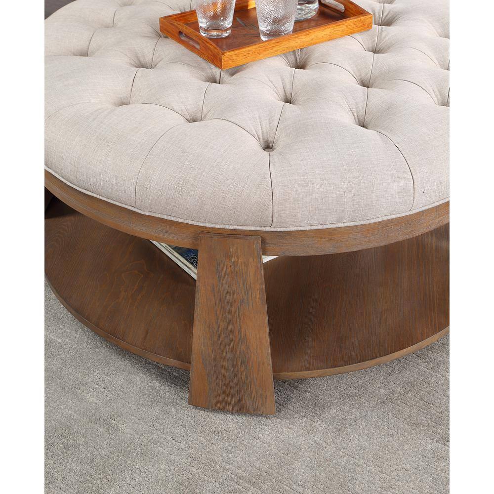 Wire Brushed Finish Natural Tone Beige 1Pc Ottoman Transitional Style Deep Button Linen Like Tufted Seat Open Bottom Shelf Living Room Beige Natural Linen Primary Living Space Beige Contemporary,Rustic,Transitional Rubberwood Round Tufted Solid Wood