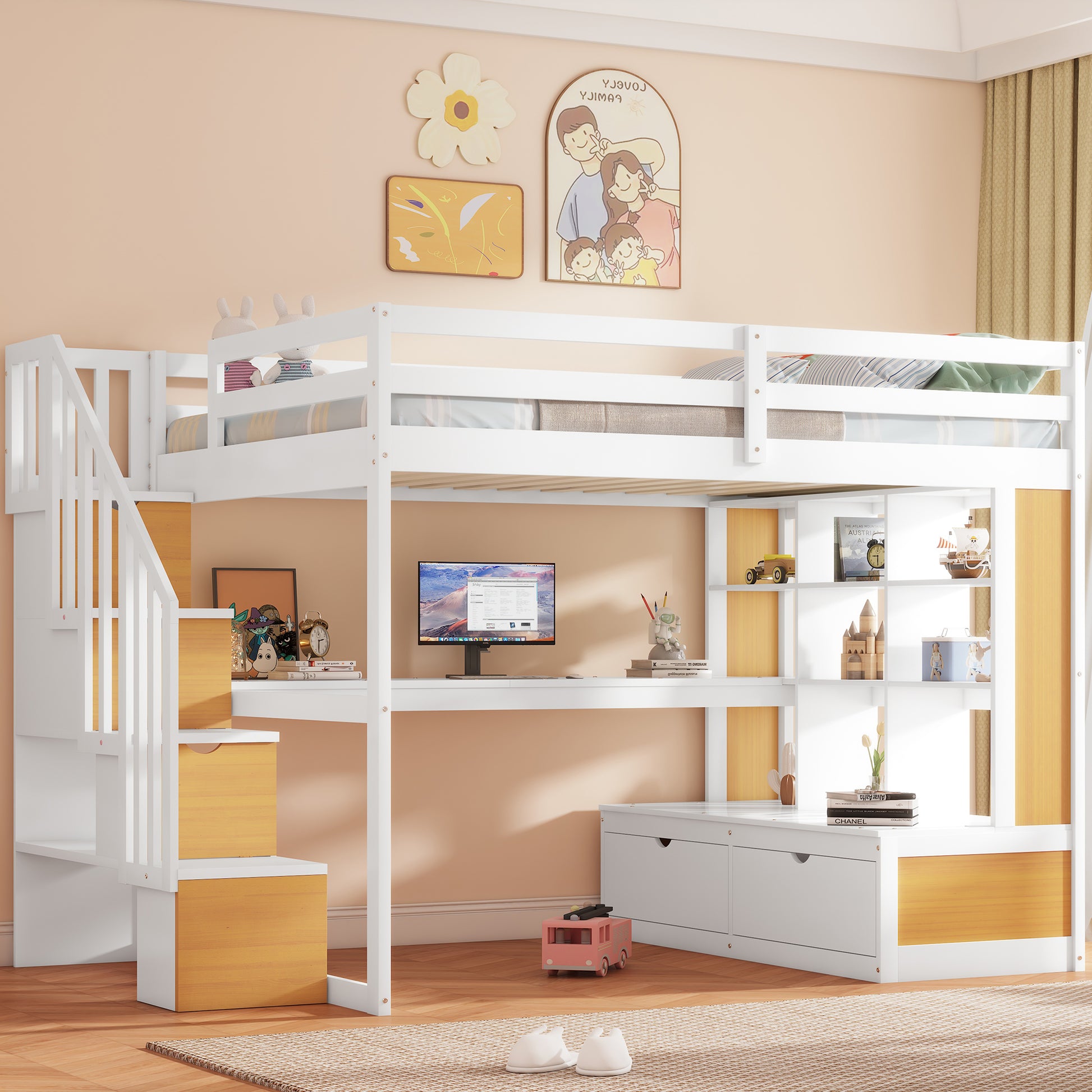 Full Size Loft Bed With Desk And Shelves, Two Built In Drawers, Storage Staircase, White And Natural Full Natural White Plywood,Solid Wood Mdf