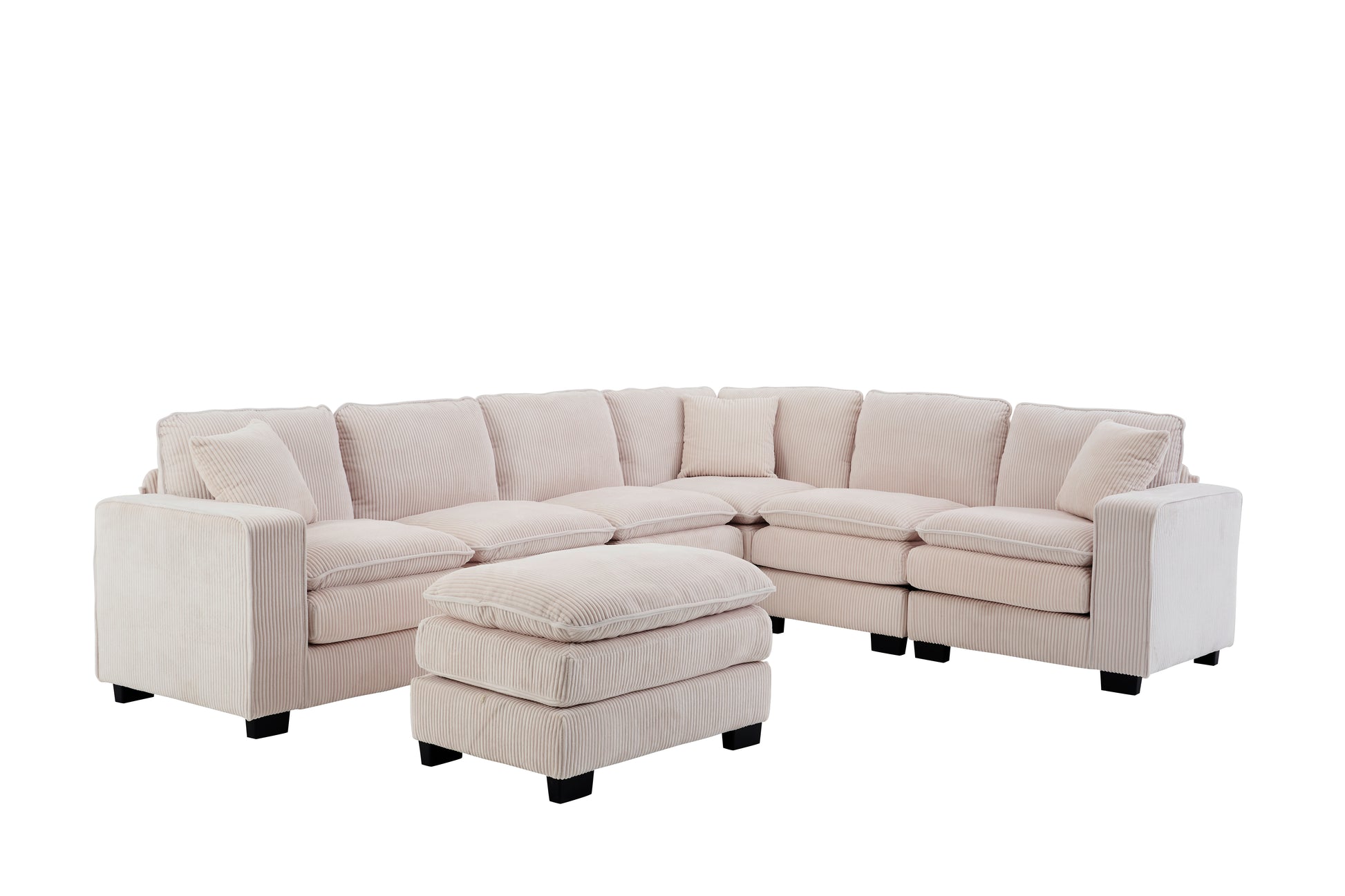 Modern U Shaped 6 Seat Sectional Sofa Couch With One Ottoman And Three Toss Pillows ,Modular Sofa For Living Room,Corduroy Sofa White Corduroy 7 Seat