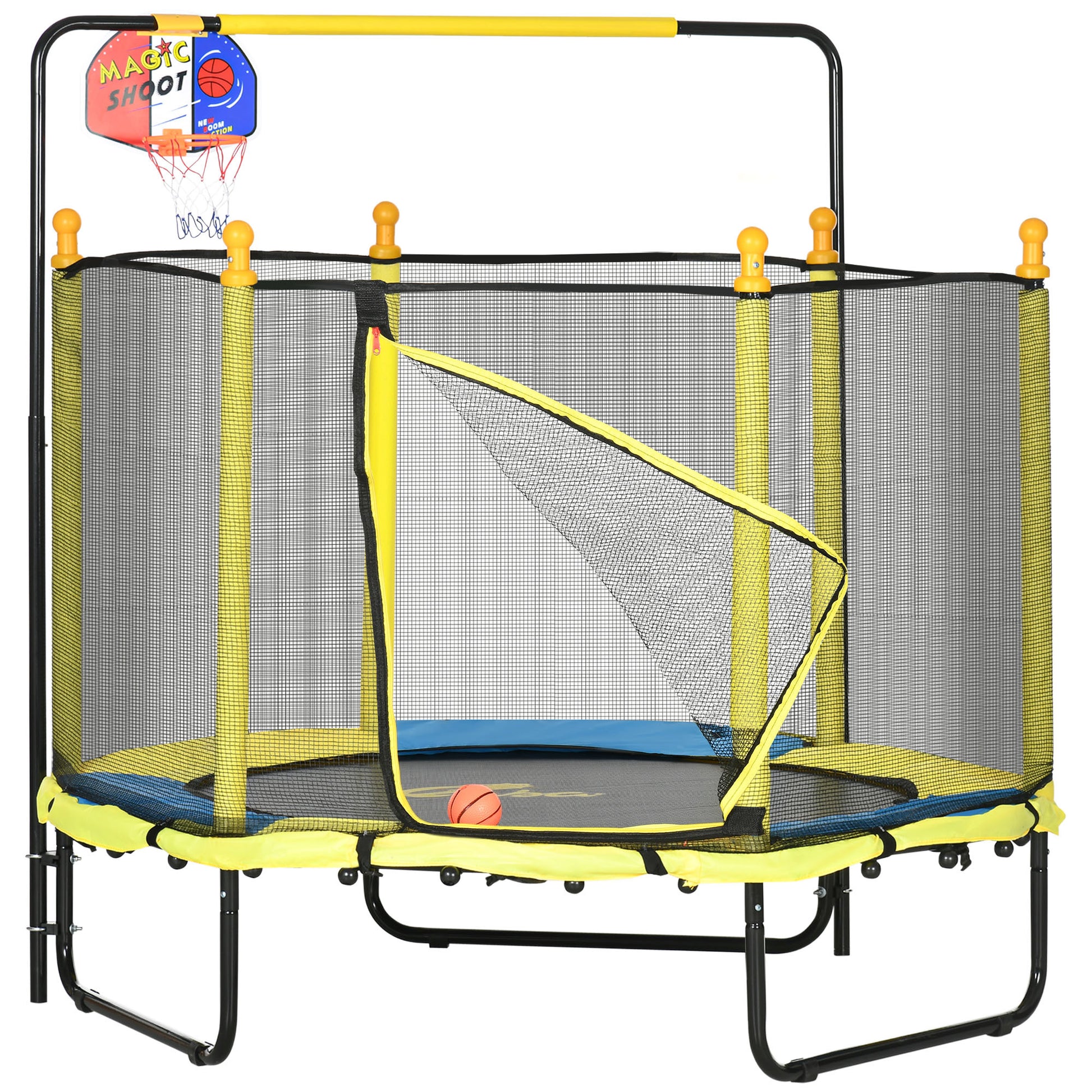 Qaba 4.6' Kids Trampoline With Basketball Hoop, Horizontal Bar, 55" Indoor Trampoline With Net, Small Springfree Trampoline Gifts For Kids Toys, Ages 3 10, Yellow Yellow Steel