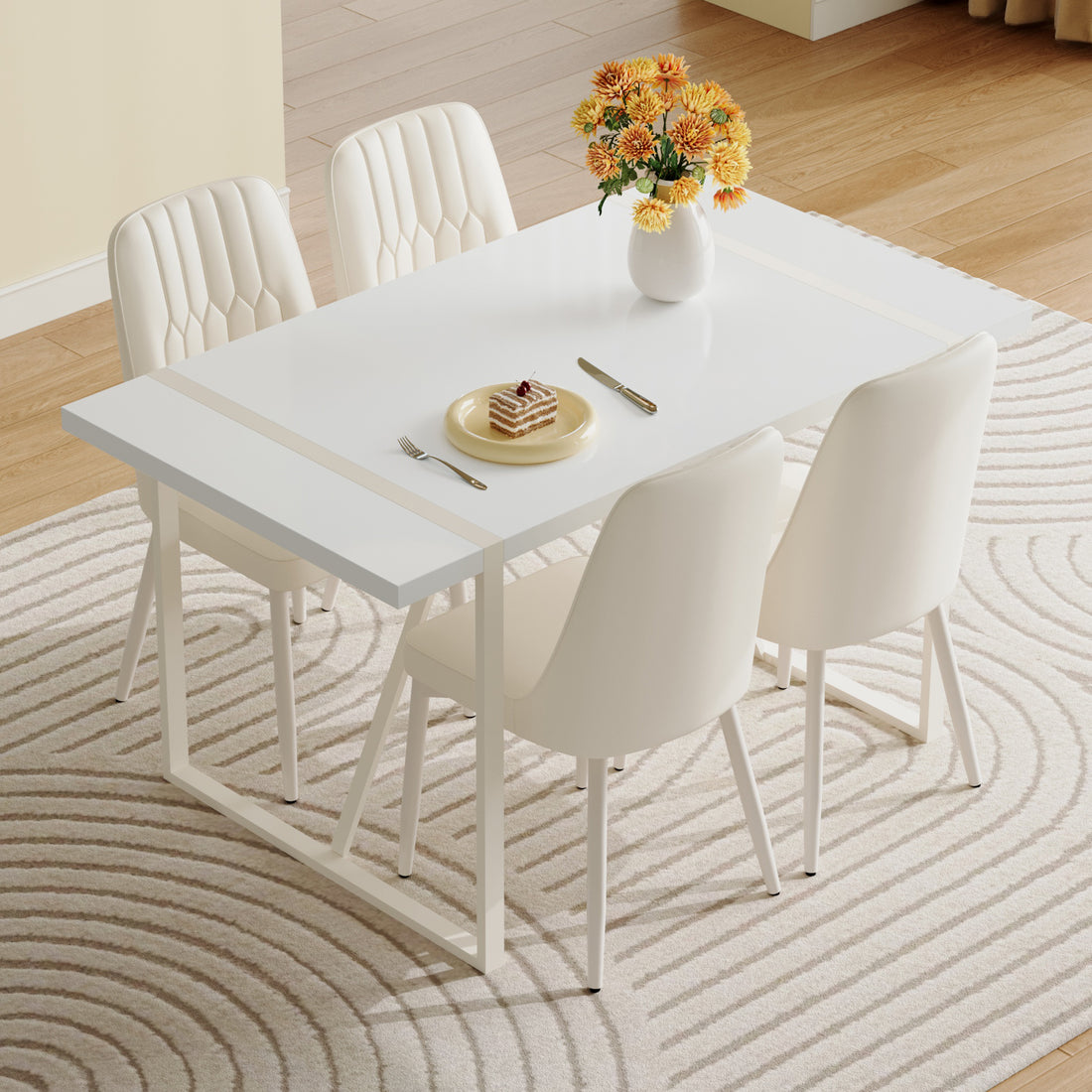 55"X31.5" Cream Style White Mdf Dining Table Set With 4 Armless Cream Style Chairs.Mdf Tabletop And Metal Frame Legs.Adding A Warm And Gentle Atmosphere To Your Family. White Seats 4 Mdf Metal