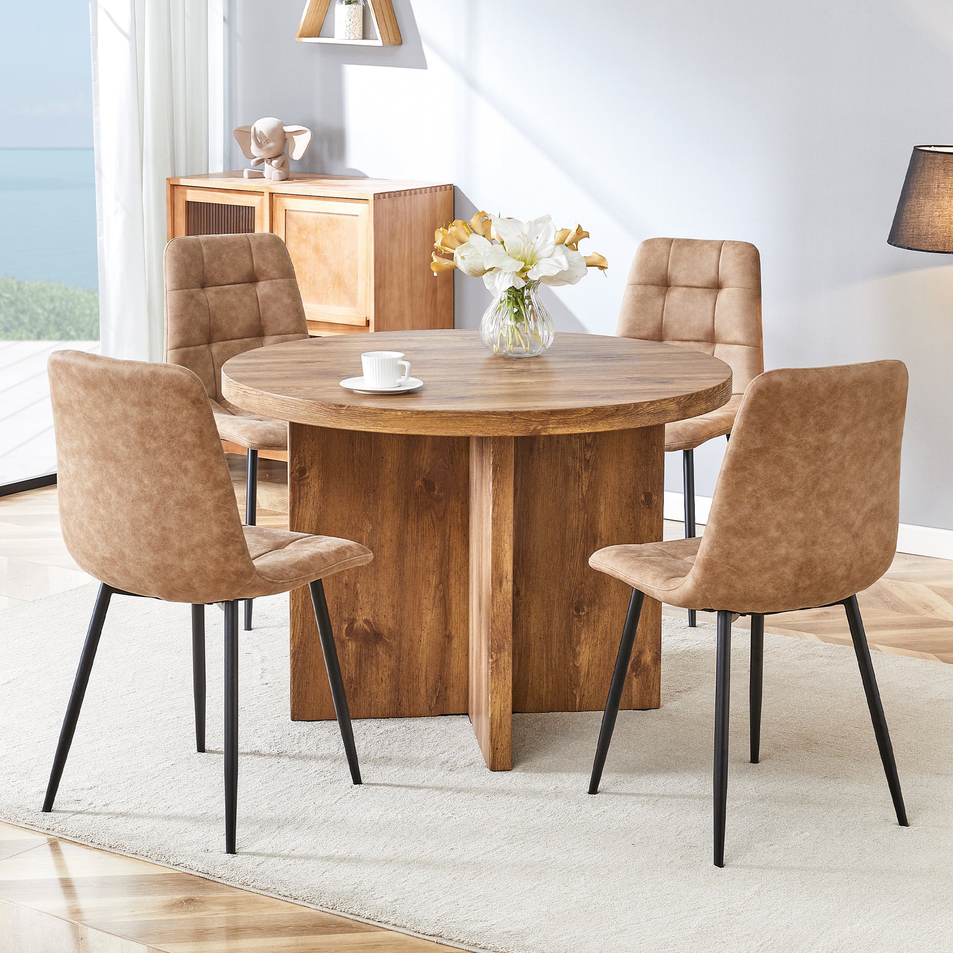 Round Dining Table For 4 6, 42 Inch Modern Kitchen Table Small Dinner Table Mdf Kitchen Dinning Table For Cafe Restaurant Wine Bar Home Office Conference Brown Farmhouse,Mid Century Modern,Modern Round Mdf