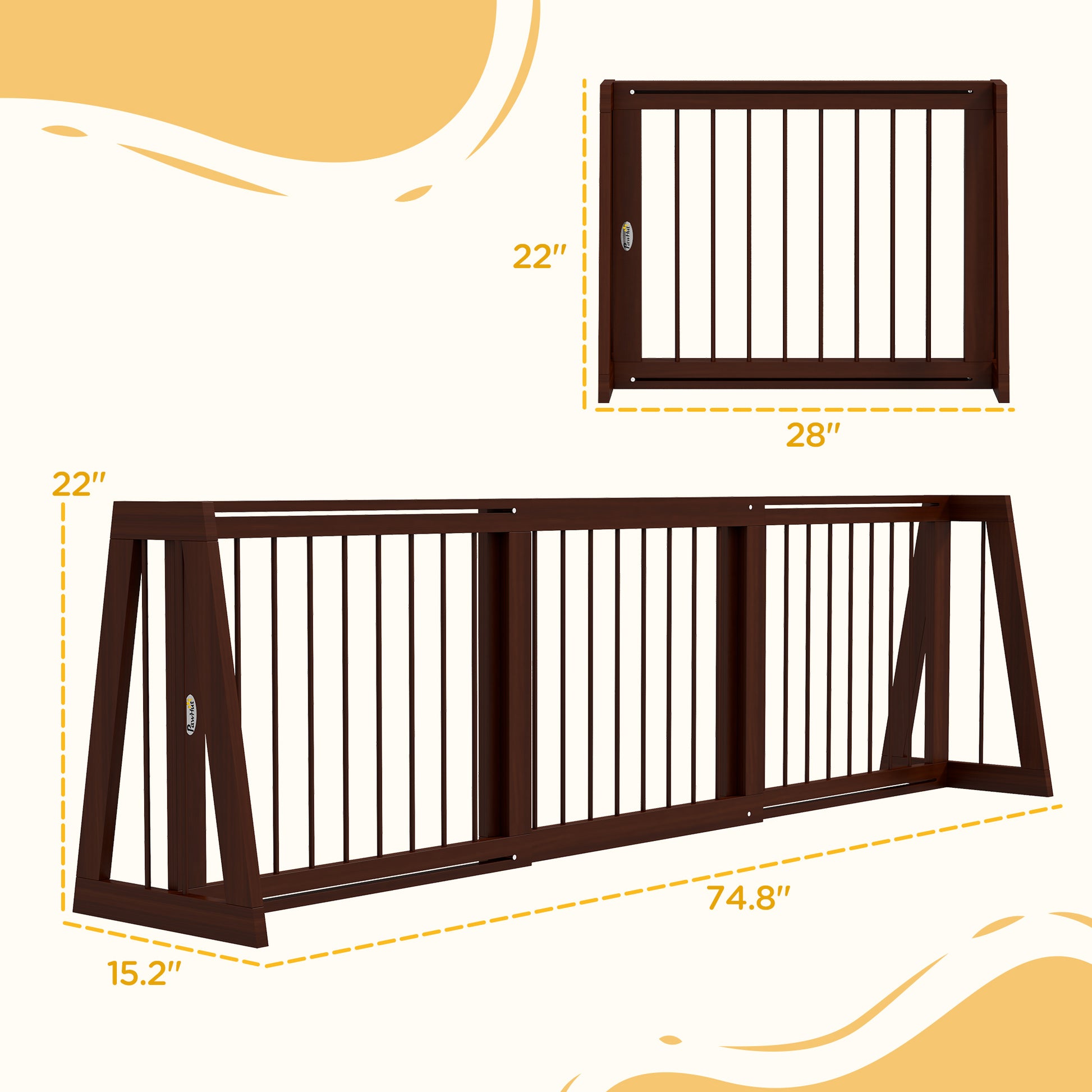 Pawhut Freestanding Pet Gate, Wooden Dog Gate With 28" 75" Retractable Length, Support Feet, Non Slip Mats, 3 Panel Pet Gate For Indoor, Stairway, Doorway, Brown Brown Wood