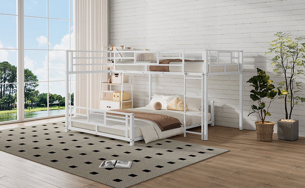 L Shaped Metal Twin Over Full Size Bunk Bed, White Box Spring Not Required White Metal Metal