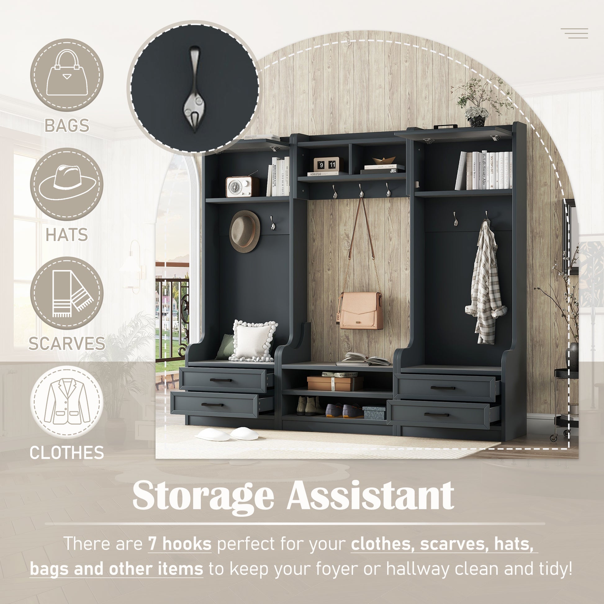 4 In 1 Detachable Hall Tree With Storage And 7 Hooks, Multiple Functions Hallway Coat Rack With Storage Drawers And Cabinet, Antique Blue Shoe Bench For Entryway Hallway Antique Blue Particle Board