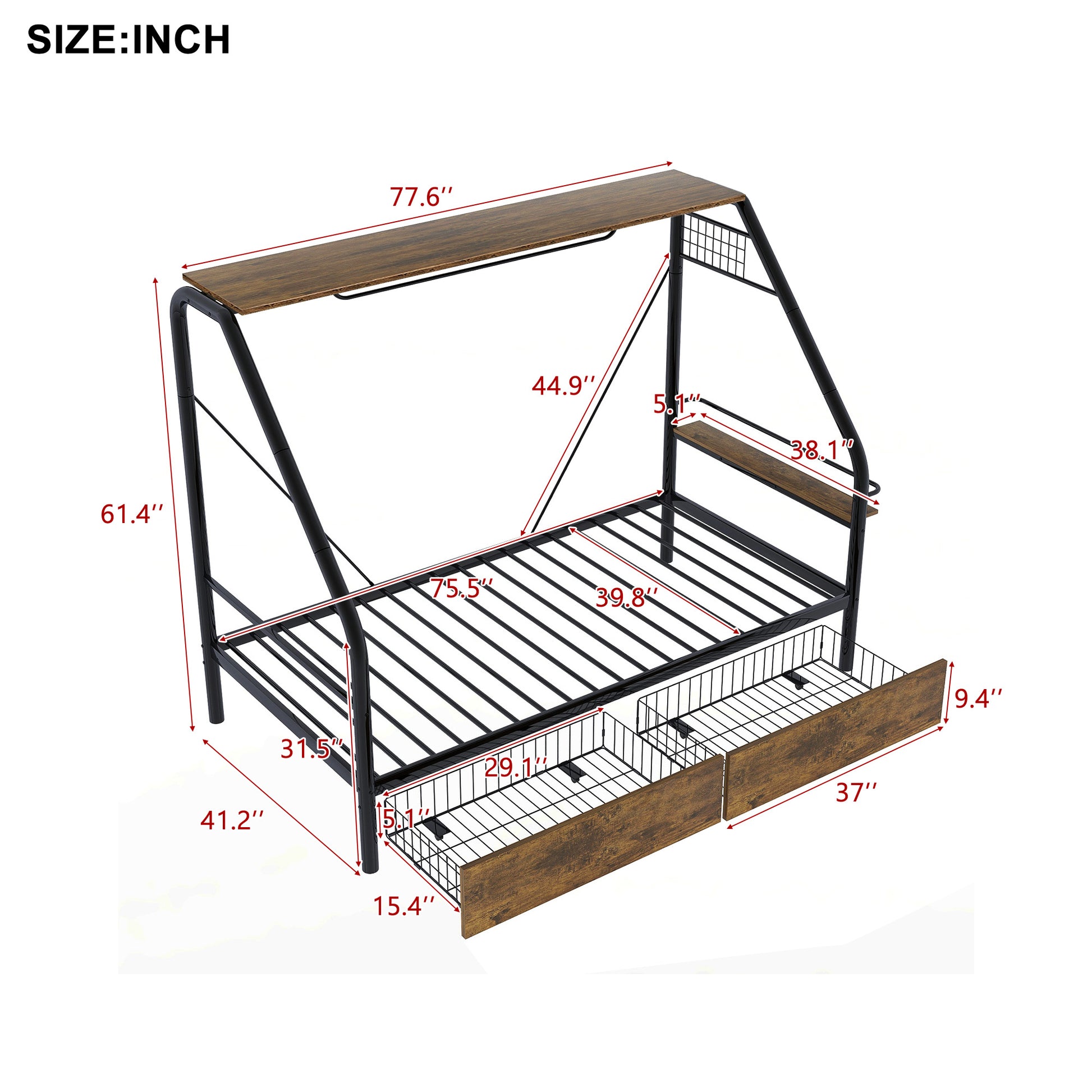 Twin Size Metal Frame Platform Bed With Clothes Rack, Storage Shelves And 2 Drawers, Black Box Spring Not Required Twin Black Metal Mdf Metal