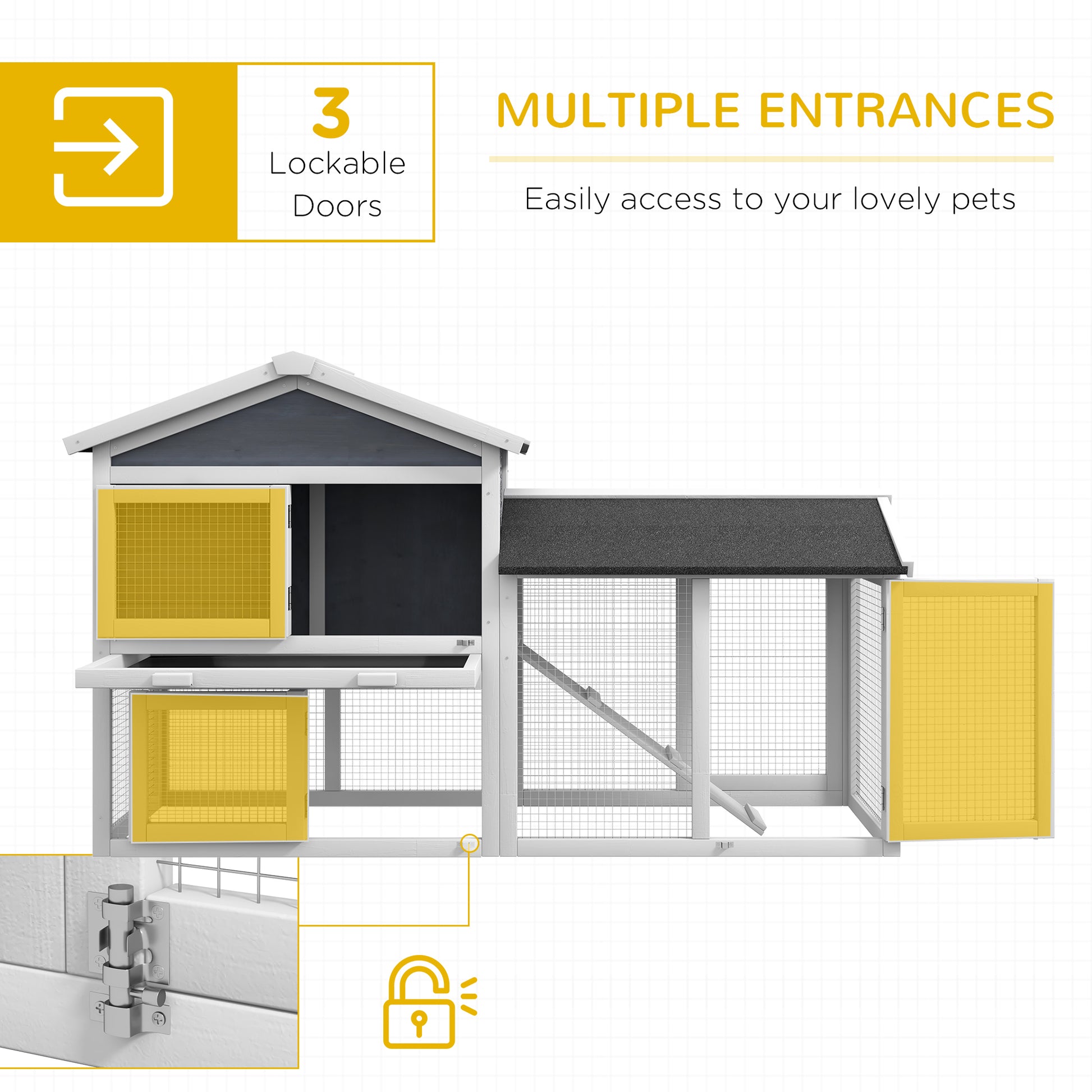 Pawhut 58" Rabbit Hutch, Wooden Bunny Hutch, Guinea Pig Cage, Small Animal Enclosure With Run Area, Removable Tray, Asphalt Roof, Lockable Doors And Ramp, Gray Gray Wood