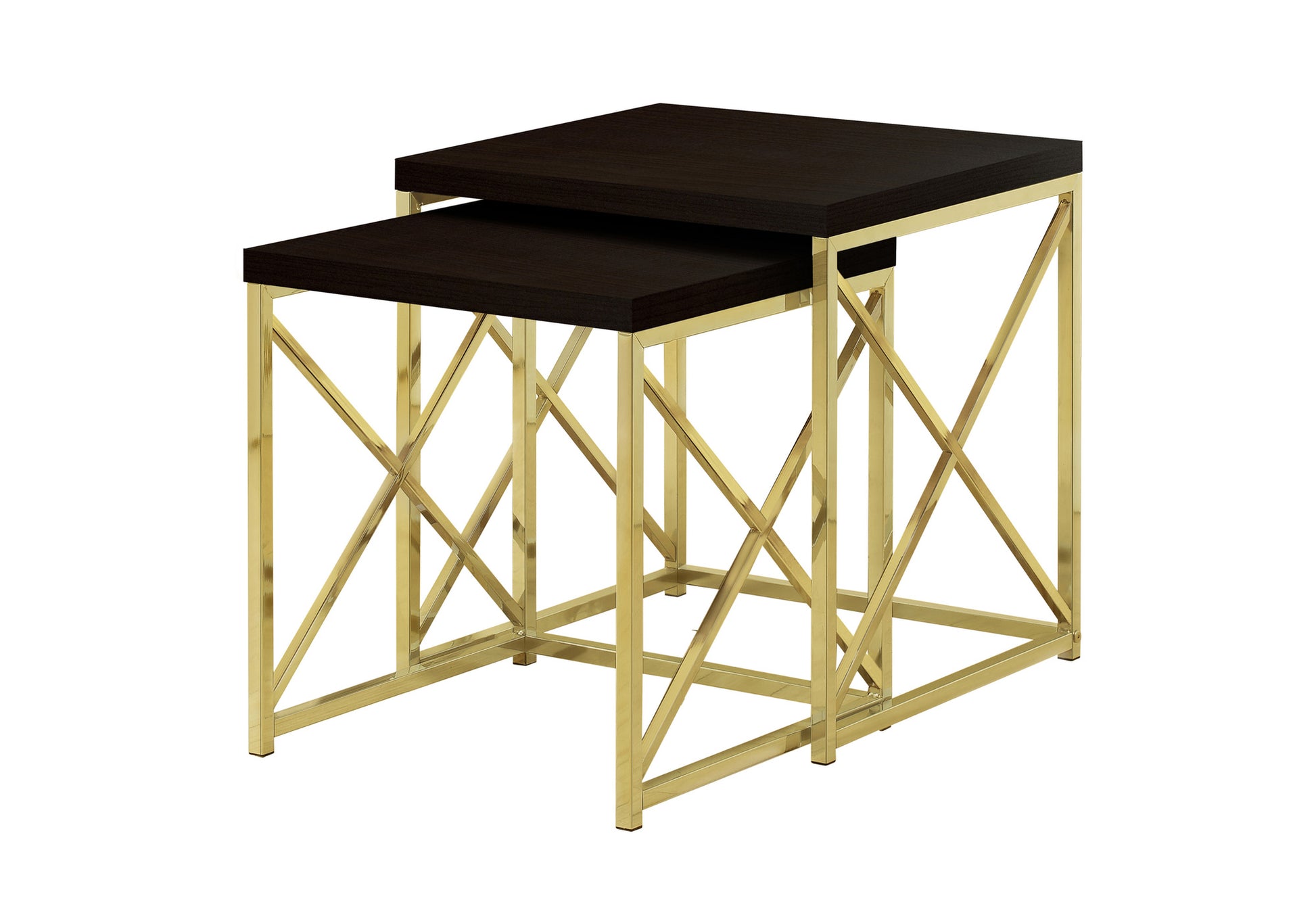 Nesting Table, Set Of 2, Side, End, Metal, Accent, Living Room, Bedroom, Brown Laminate, Gold Metal, Contemporary, Modern Espresso Particle Board