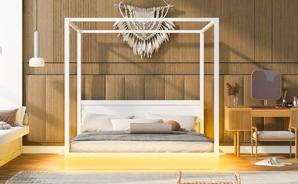 King Size Wood Led Canopy Bed ,Canopy Platform Bed With Support Slats, No Box Spring Needed, Whitekig King White Plywood
