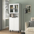 Tall Storage Show Cabinet With 2 Glass Display Door & 2 Doors, Tall Kitchen Pantry Cabinet With Gold Handles, Modern Cabinet Freestanding For Bathroom, Dining Living Room, White White Mdf