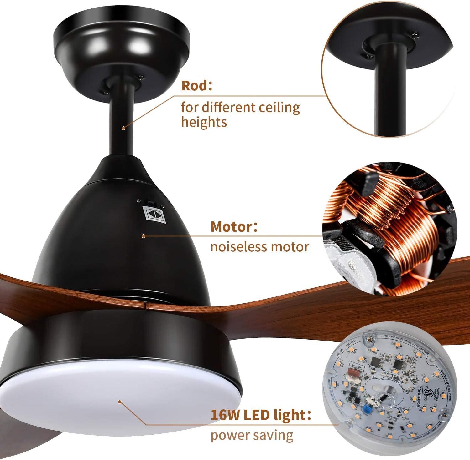 52 Inch Ceiling Fan With Led Light And Remote Control, 3 Speed Modes, 2 Rotating Modes, Timer Antique Brown Wood