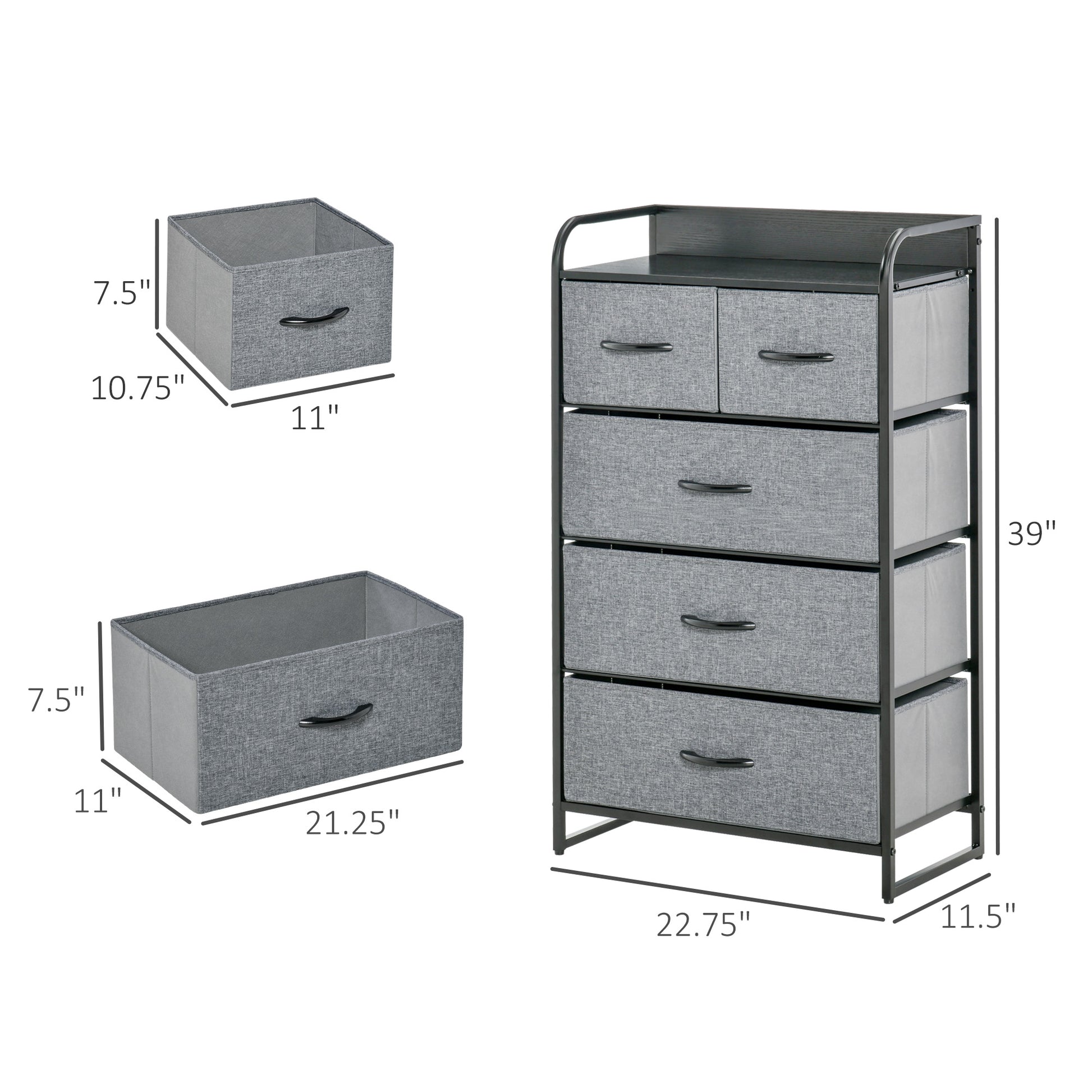 Homcom 5 Drawer Dresser, Fabric Chest Of Drawers, 4 Tier Storage Organizer For Bedroom Entryway, Tower Unit With Steel Frame Wooden Top, Gray Gray Linen