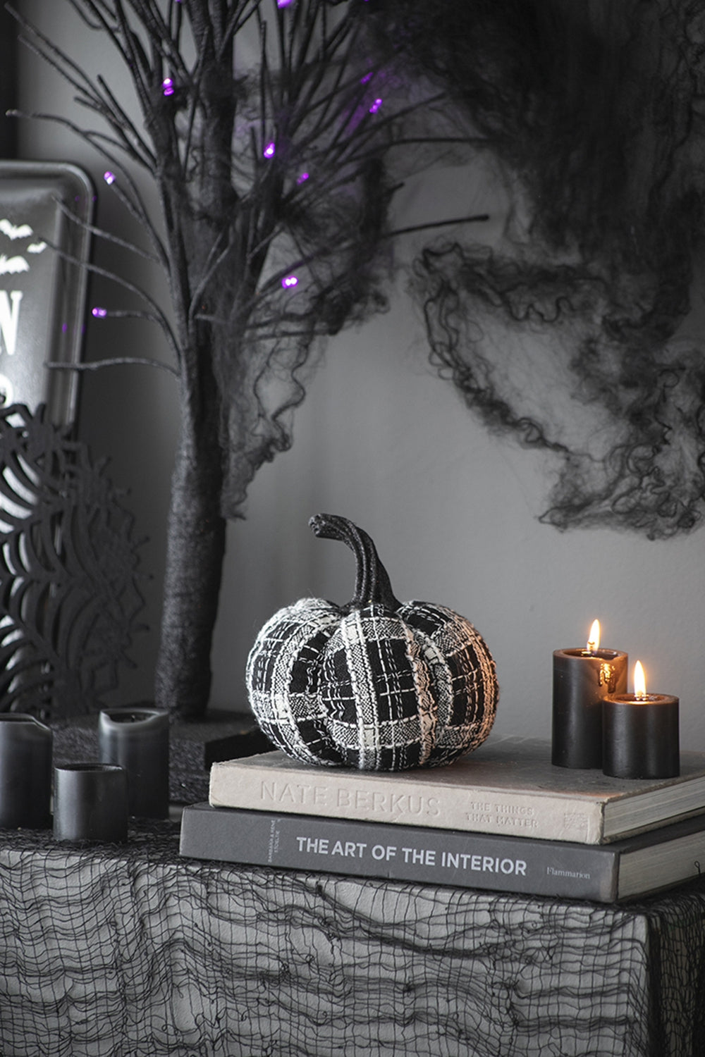 7X7X7" Fabric Light Black White Plaid Pumpkin, For Holiday Halloween Decor Black,White Polyester