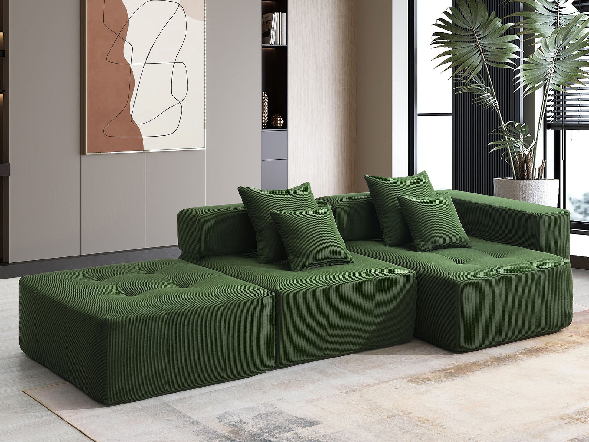 105.5'' L Shaped Modular Sectional Sofa,Minimalist Corduroy Floor Couch Set,Convertible Foam Filled Cloud Couch For Living Room,3 Pc Free Combination,No Assembly Required,3 Colors Green Corduroy 4 Seat