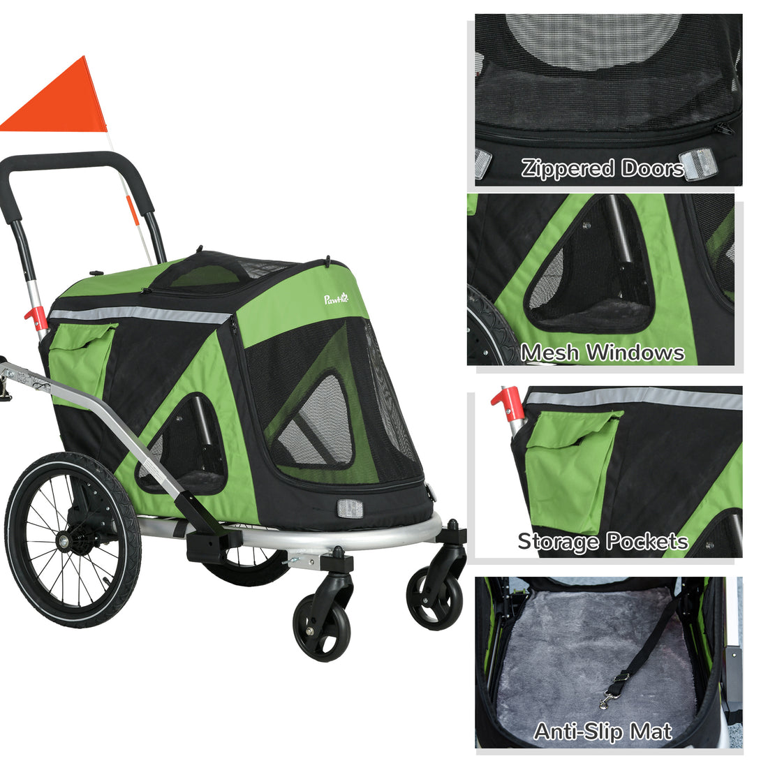 Aosom 2 In 1 Bike Trailer, Foldable Dog Bike Stroller With Aluminum Frame, Quick Release Wheels, Safety Leash, Anti Slip Mat, Hitch Coupler, Reflectors, Flag For Medium Dogs, Green Green Aluminum