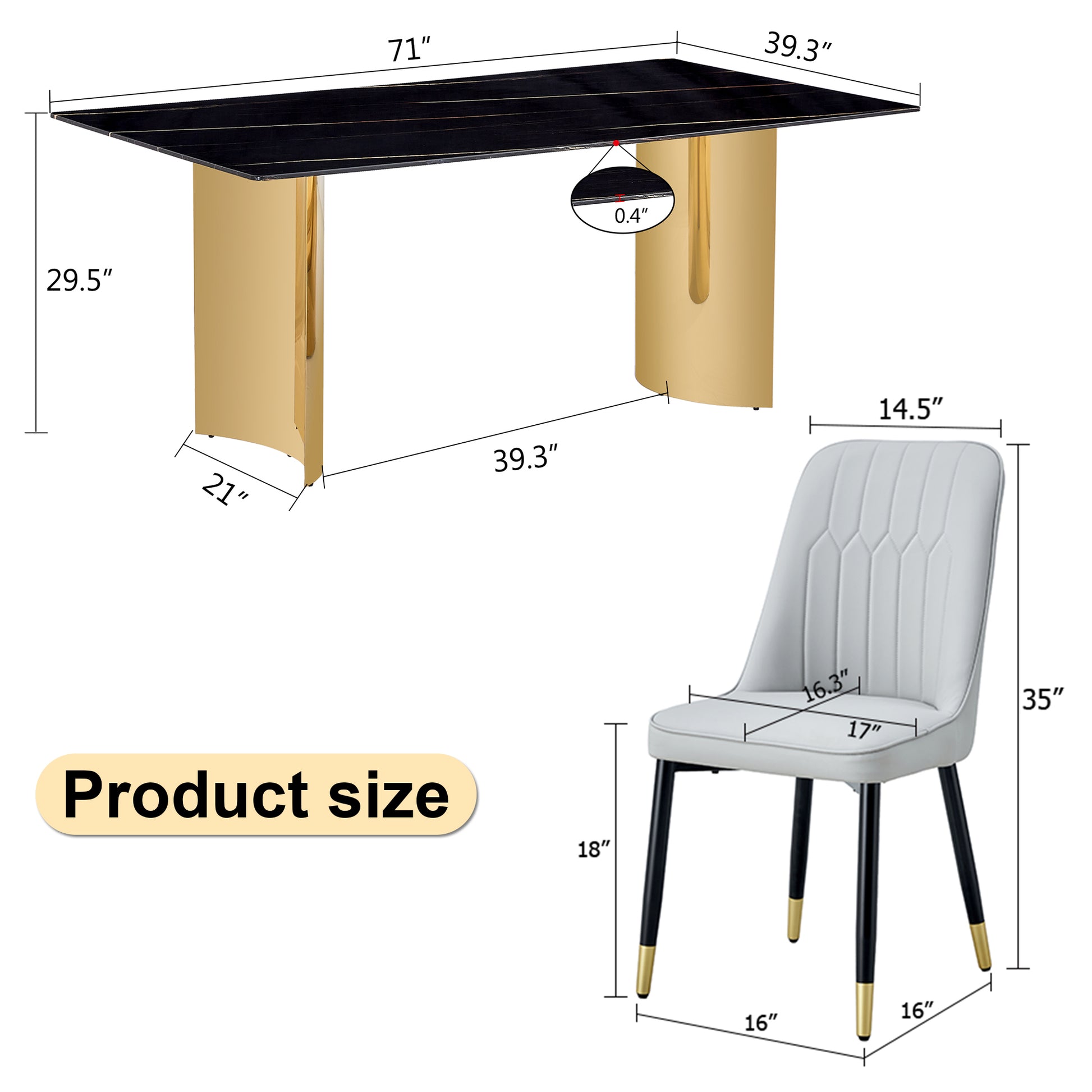Table And Chair Set.The Table Has A Glass Top With Imitation Marble Pattern Stickers And Stainless Steel Golden Legs. Paried With Chairs With Pu Artificial Leather Backrest Cushions And Black Legs. Black Gold Seats 6 Glass Metal