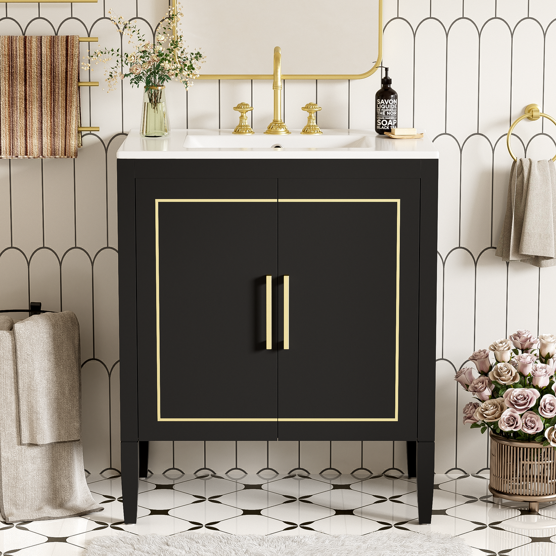 30 Inch Bathroom Vanity With Ceramic Basin, Soft Close Door, Built In Hidden Drawer Black Bathroom Solid Wood Mdf