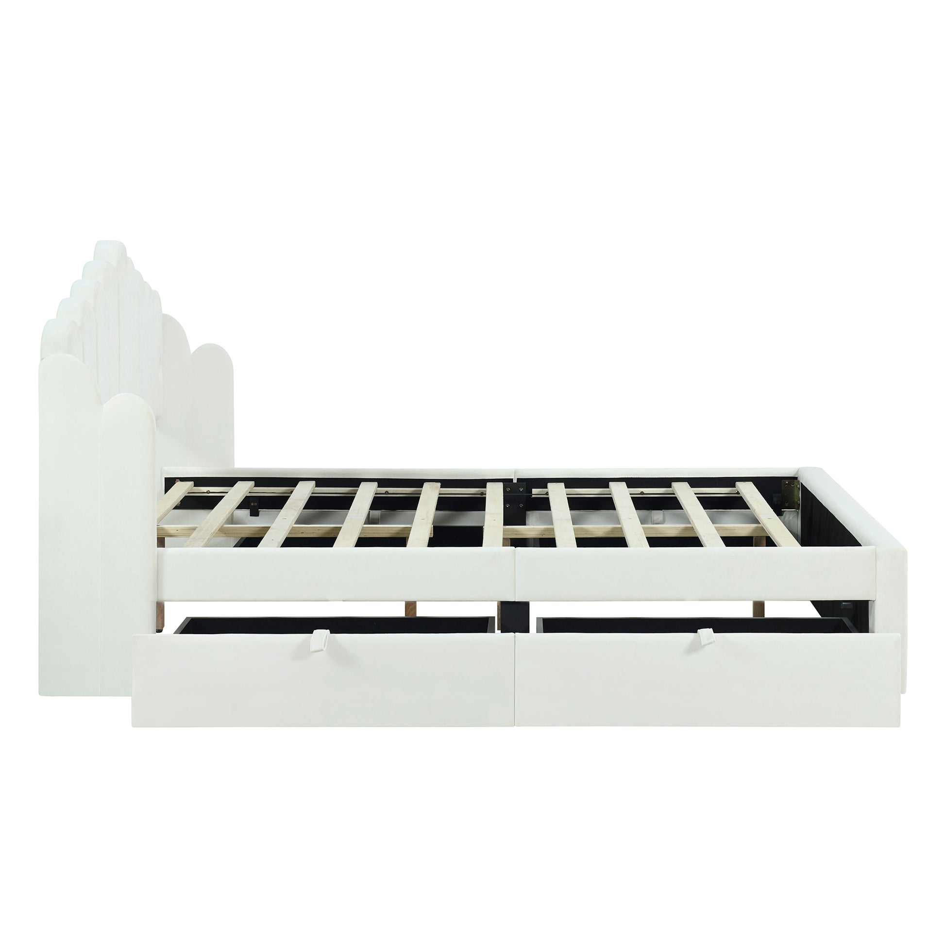 Full Size Upholstered Platform Bed With 4 Drawers And 2 Usb, Beige Box Spring Not Required Full Beige Wood Bedroom Bed Frame Polyester Upholstered