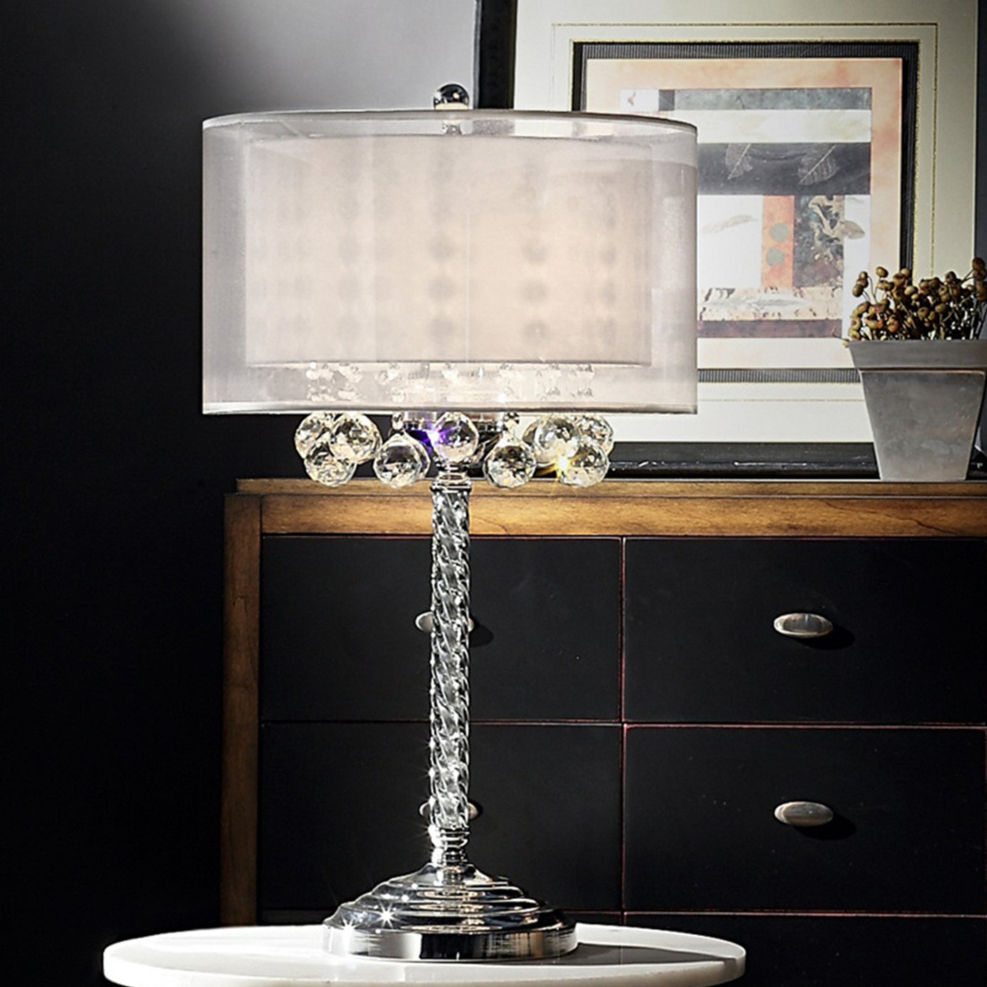 30" Tall Table Lamp "Moiselle", Silver And Crystal Accents, Silvery Shade Multicolor Metal