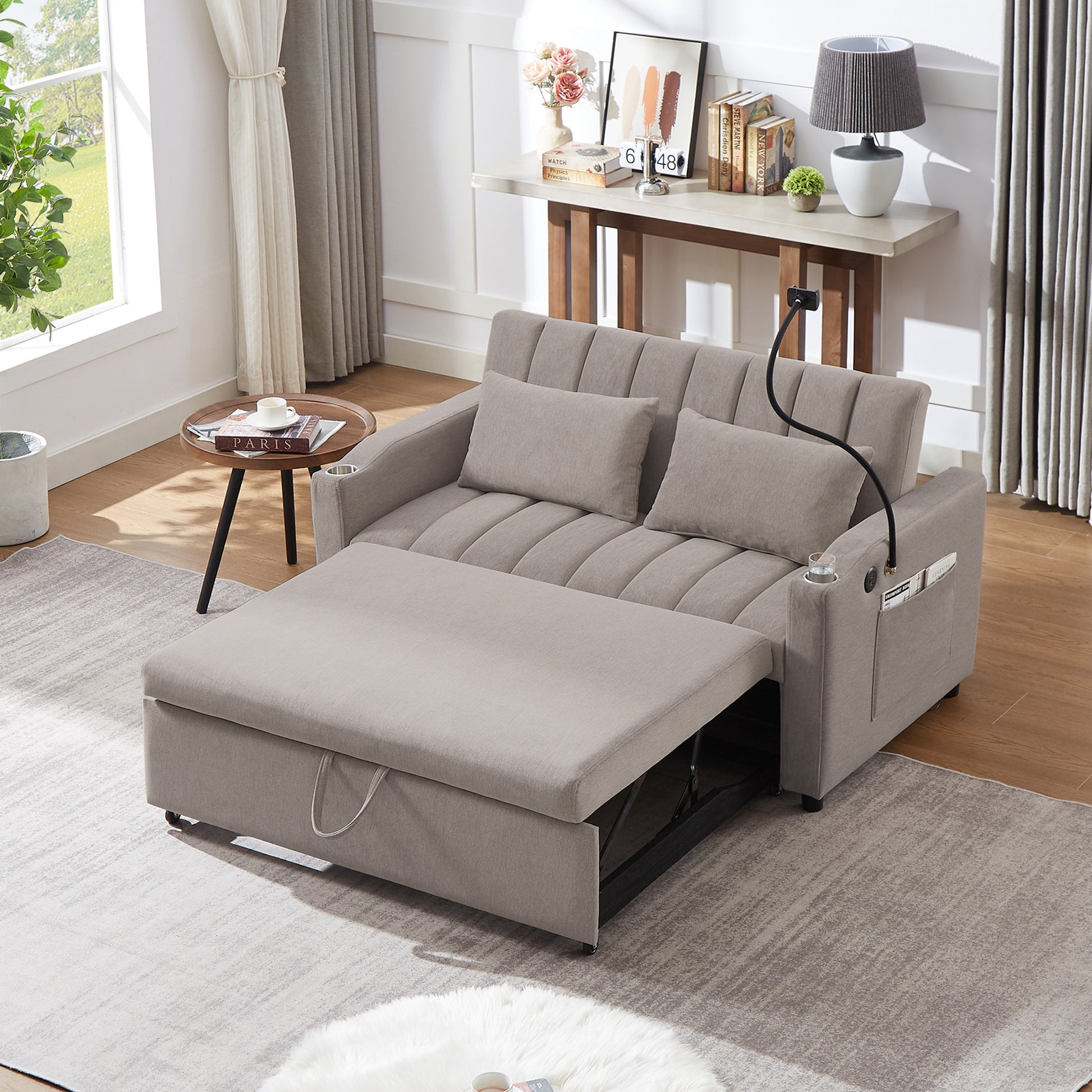 55.9" Convertible Sofa Bed Loveseat Sofa With Three Usb Ports, Two Side Pockets, Two Cup Holders And 360 Swivel Phone Holder For Living Room, Light Grey Light Grey Foam Polyester 2 Seat