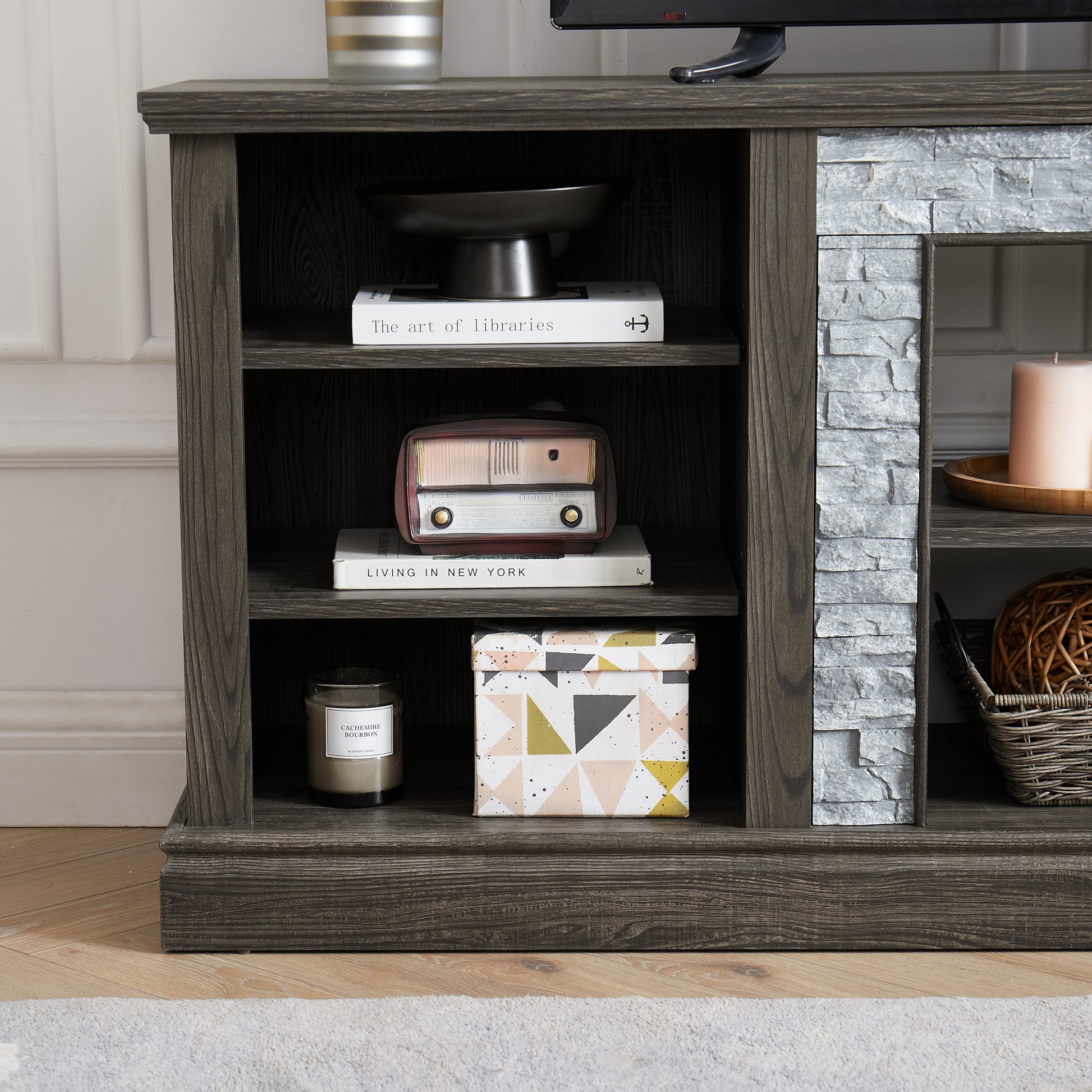 Large Tv Stand Tv Desk Storage Rack With Faux Stacked Stone Surround,Media Console Table With Large Storage Cabinet,Modern Tv Media Entertaionment Stand,Grey, 70.12"W*15.35"D*25.83"H Grey 70 79 Inches Mdf