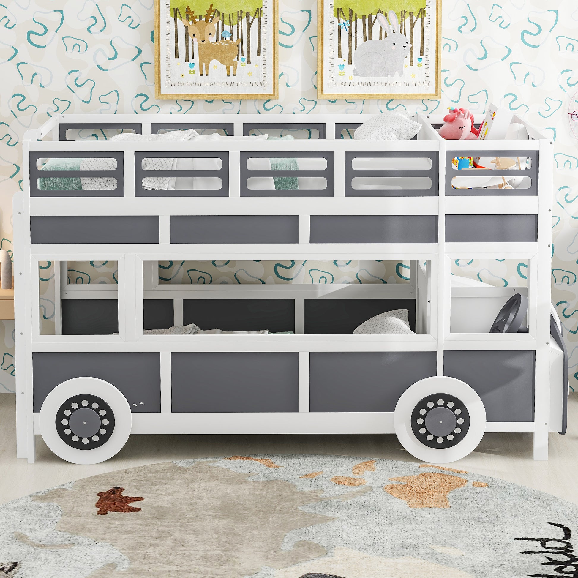 Twin Over Twin Bus Shaped Bunk Bed With Wheels And Storage, Gray White Box Spring Not Required Twin Grey White Wood Bedroom Solid Wood Mdf