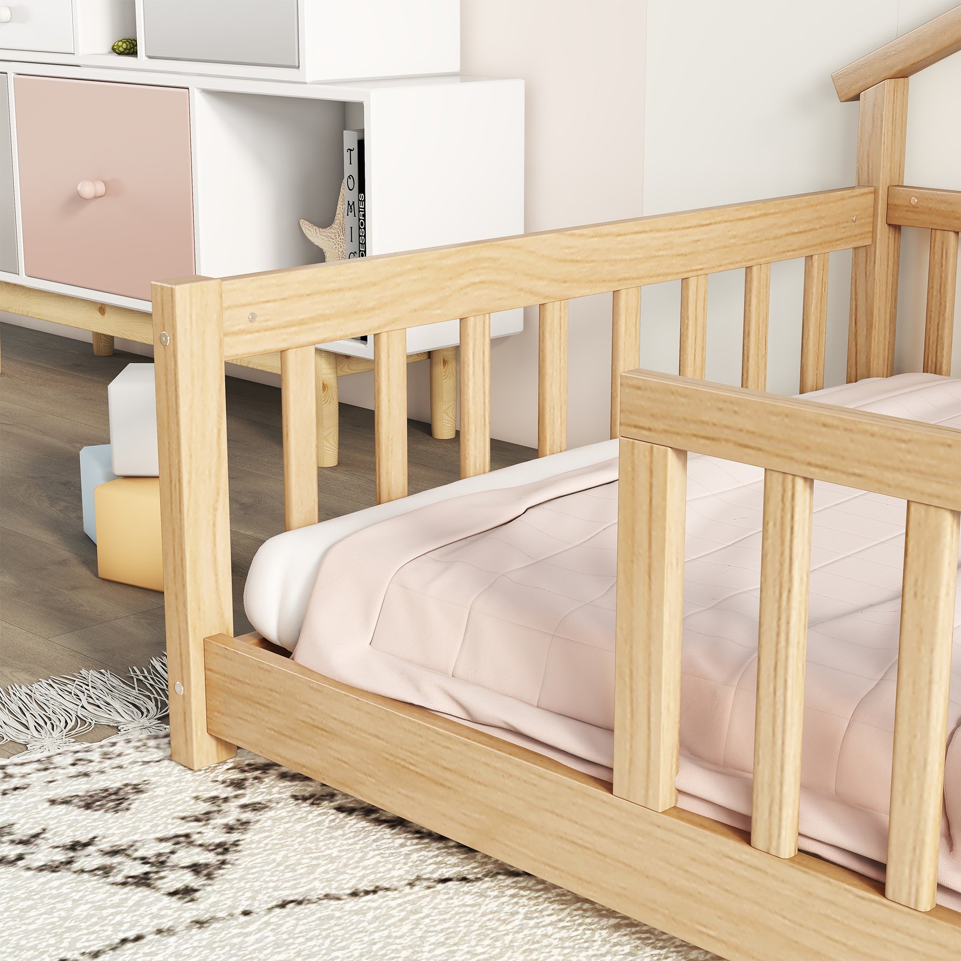 Twin House Shaped Bedside Floor Bed With Guardrails, Slats, Without Door ,Natural Twin Natural American Design Pine