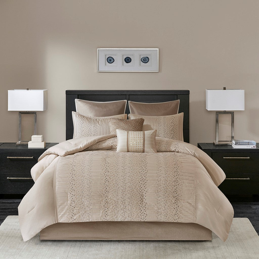 8 Piece Embroidered Comforter Set Natural King King Beige Polyester