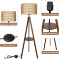 Boho Tripod Floor Lamp With Shelves, Mid Century Wood Standing Lamp With Rattan & Fabric Shades, On Off Foot Switch, Modern Farmhouse Tall Floor Lamps For Living Room Bedroom Office Brown Wood Fabric Rattan