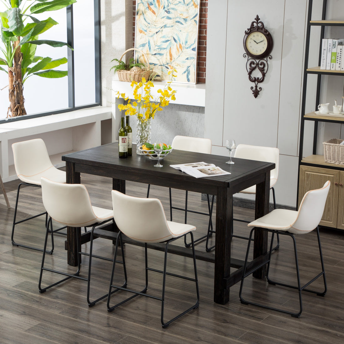 Bronco Antique Wood Finished Counter Height Dining Set: Table And Six White Chairs Espresso Wood Dining Room Fixed Table Rubberwood Rectangular Dining Table With Chair Upholstered Chair Wood Black White Seats 6 Antique,Contemporary 4 Leg Rubberwood Wood