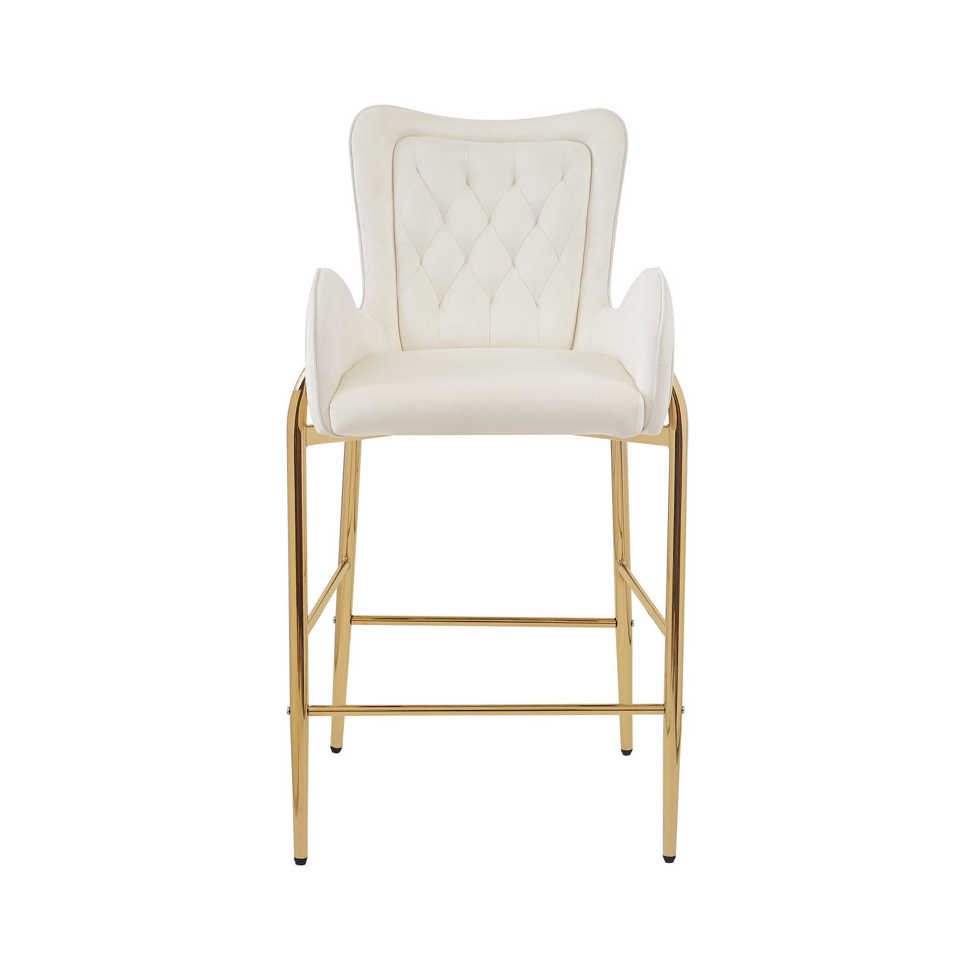 28.75Inch Counter Height Bar Stools Set Of 2, Bar Height Arm Chairs, Velvet Fabric Stools With Golden Legs And Footrests, White Solid Kitchen Tufted Back Set Of 2 Wood White Powder Coated Foam Spot