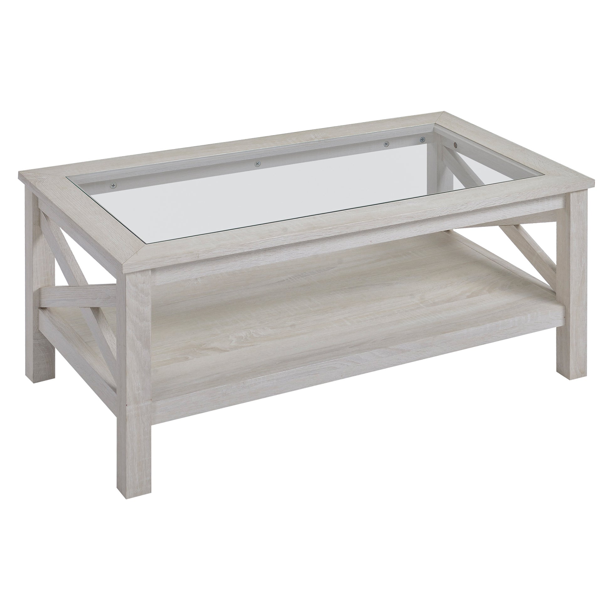 Homcom Farmhouse Style Coffee Table With Wood Frame, Tempered Glass Tabletop And Underneath Storage Shelf, Side Table For Living Room, 39.25"X21.75", White Oak White Oak Mdf