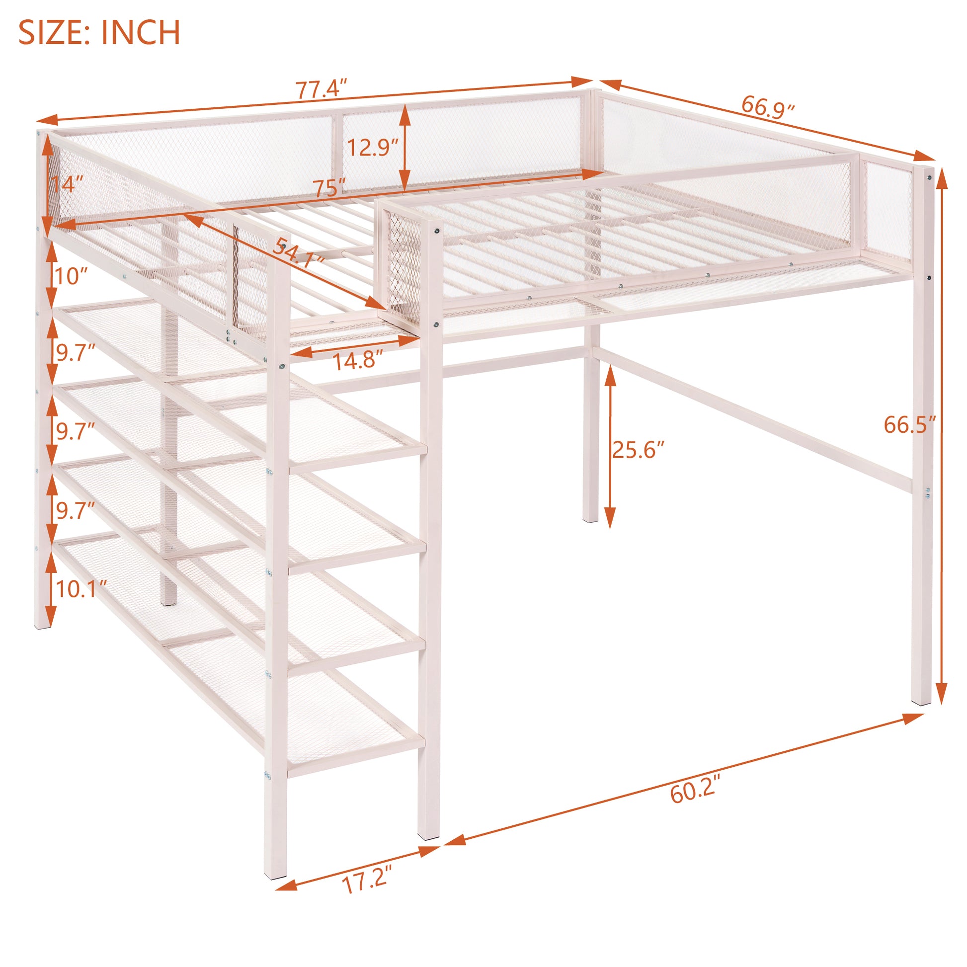 Full Size Metal Loft Bed With 4 Tier Shelves And Storage, Pink Full Pink Metal